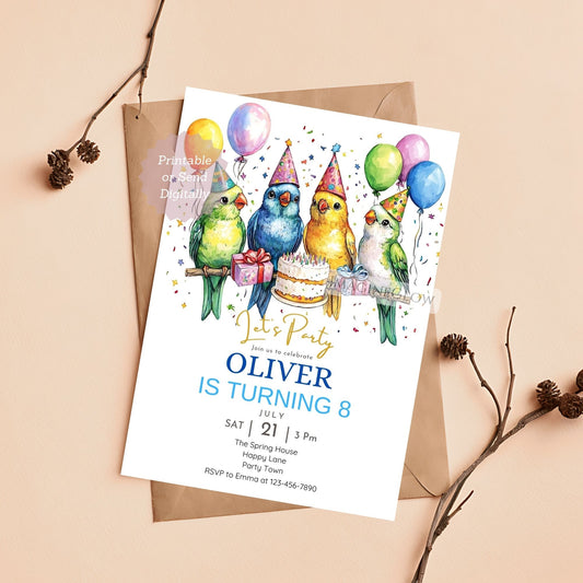 Lovebird birthday invitation editable in Canva