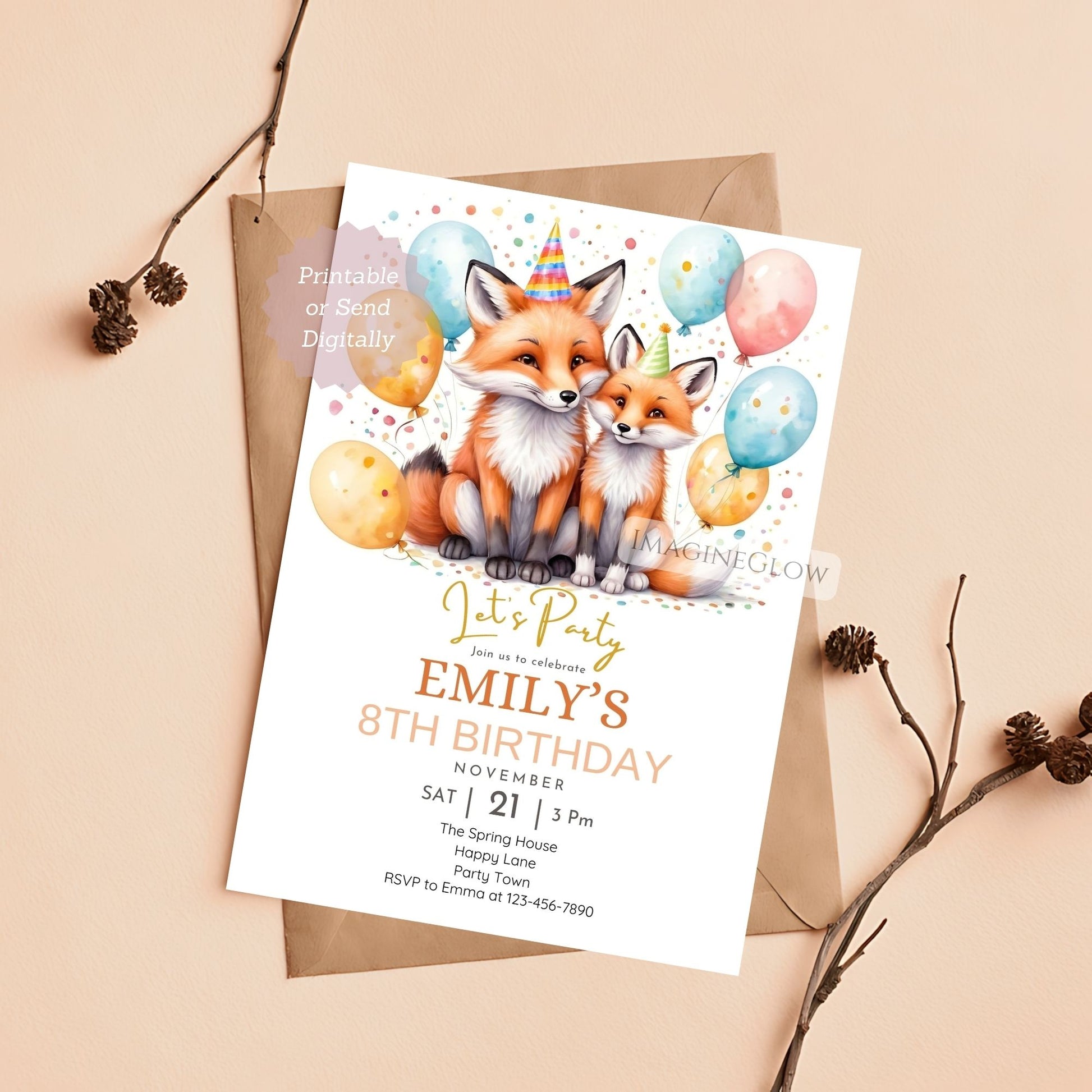 woodland boho fox birthday invite