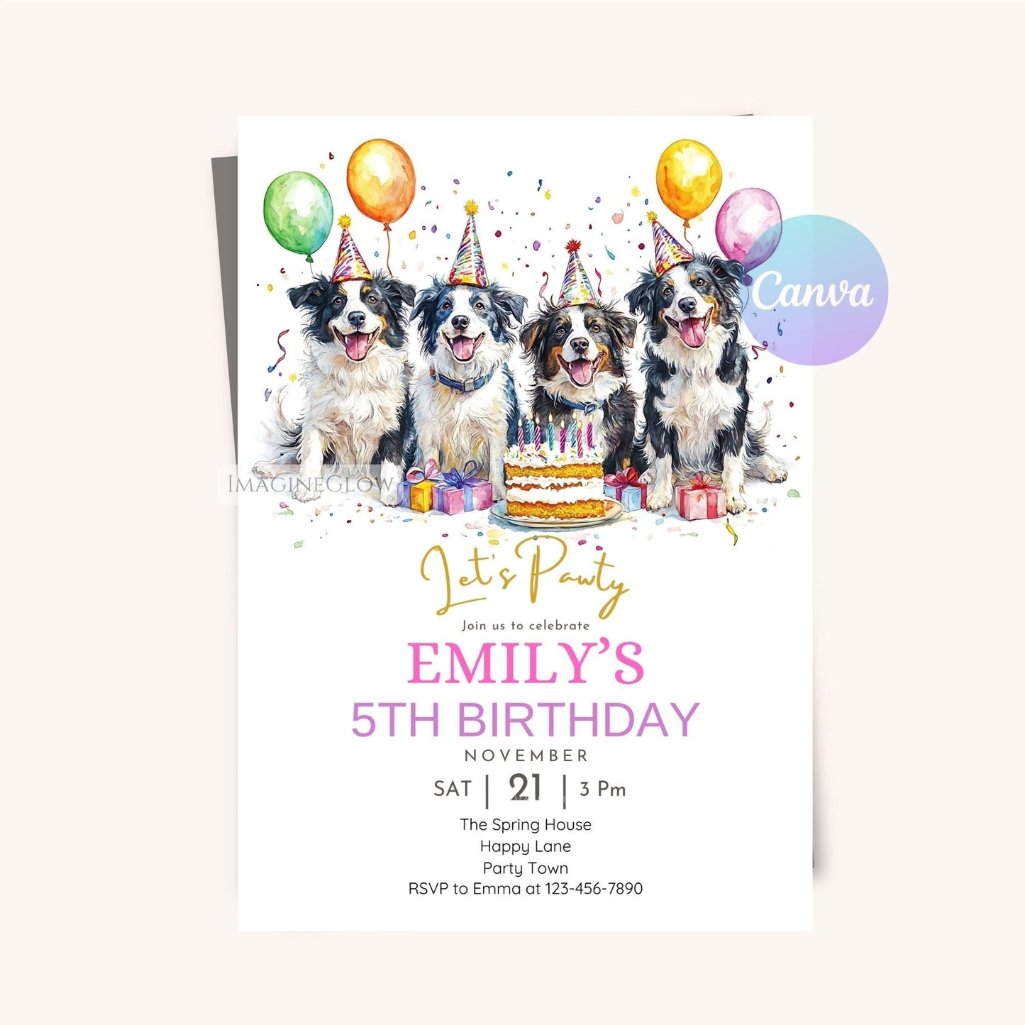 Fun dog-themed birthday invitation featuring Border Collies.