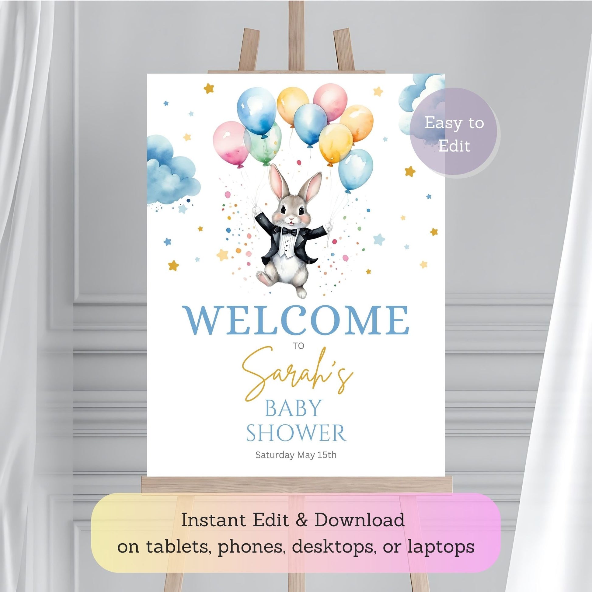 Bunny balloon baby shower welcome sign for boys.