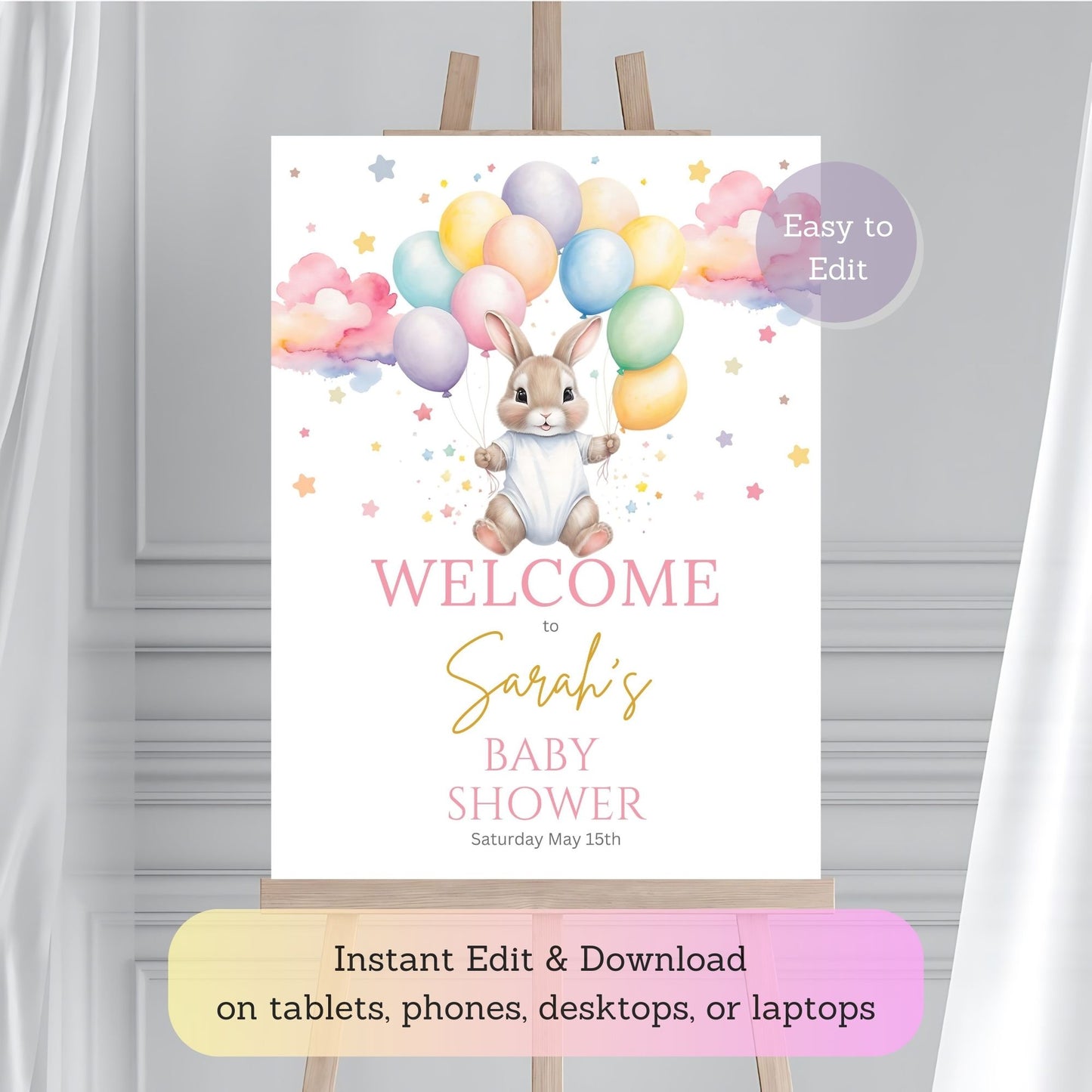 Bunny balloon baby shower welcome sign for girls.