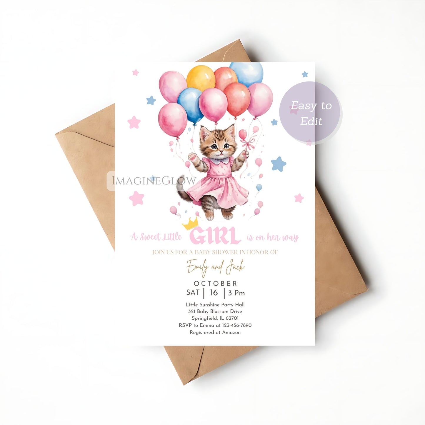 printable cat baby girl shower card