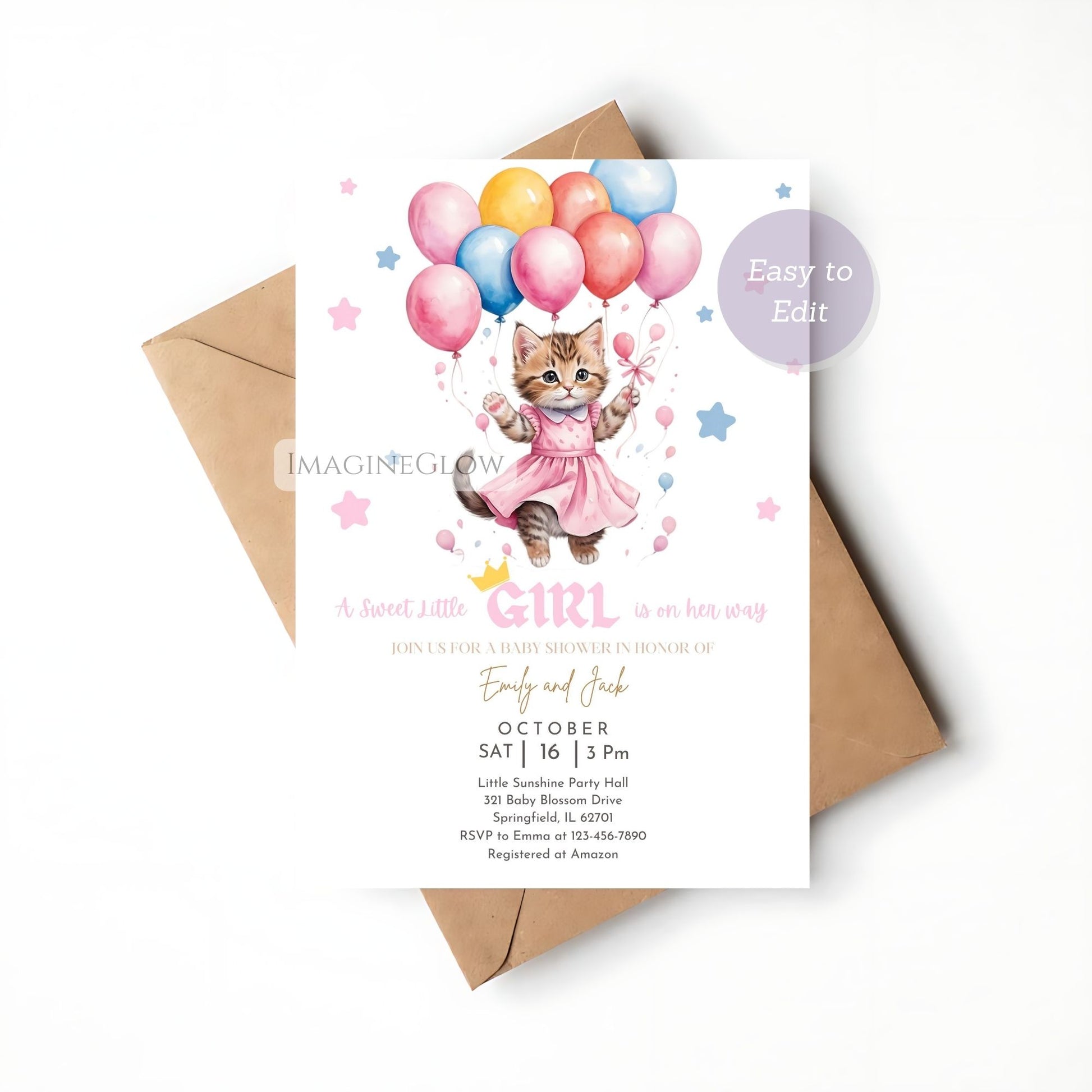 printable cat baby girl shower card