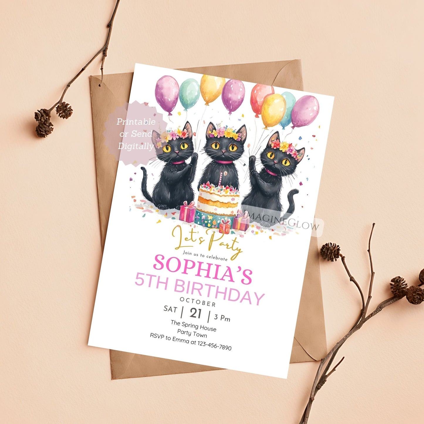 Birthday invitation card with black cats, balloons, and cake