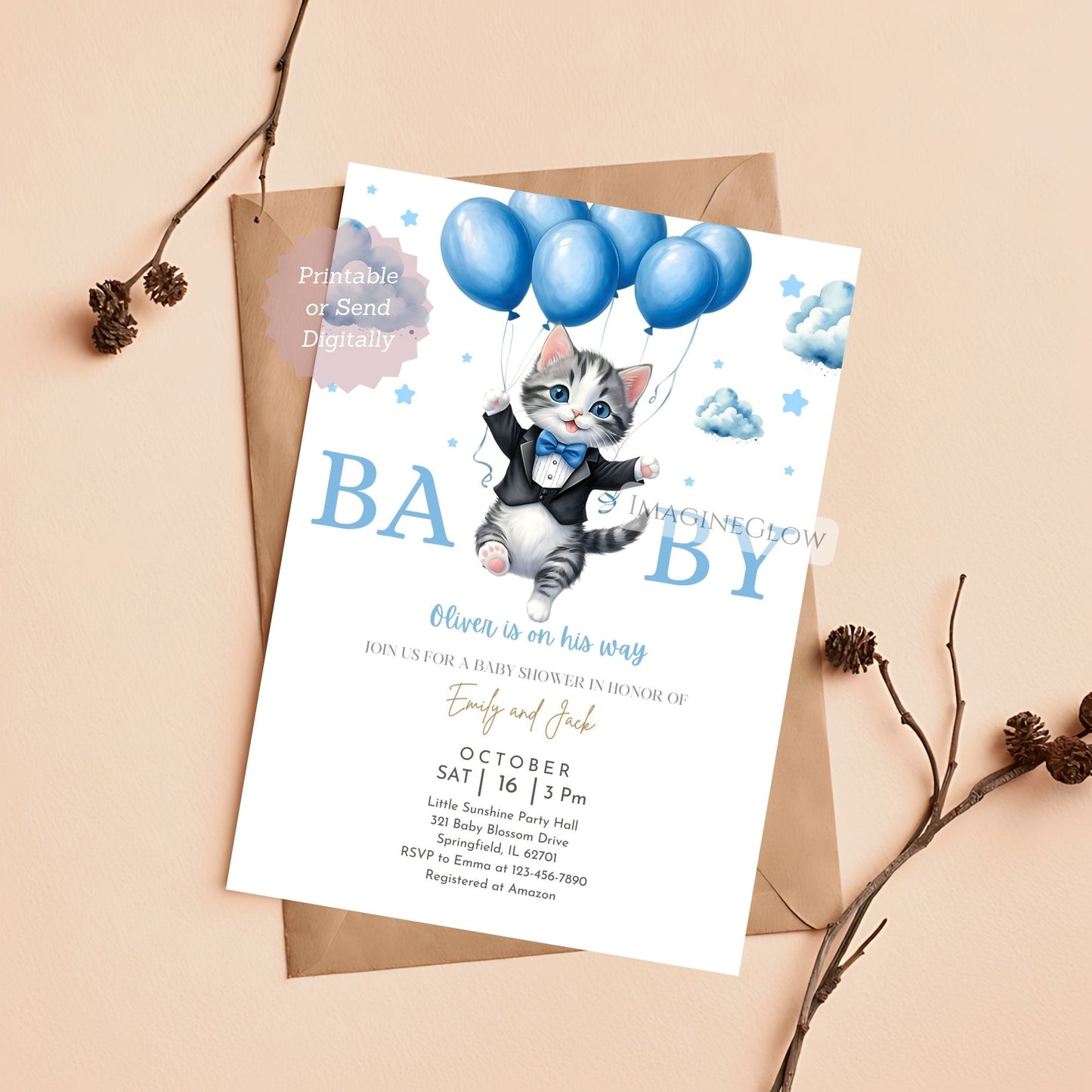 printable cat shower invite for boys