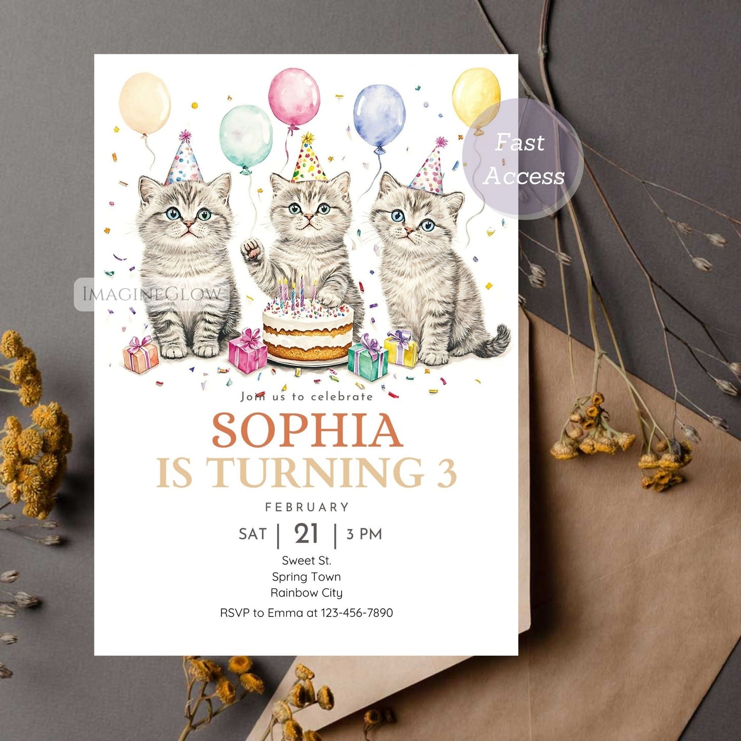 Birthday invite with adorable cats and balloons