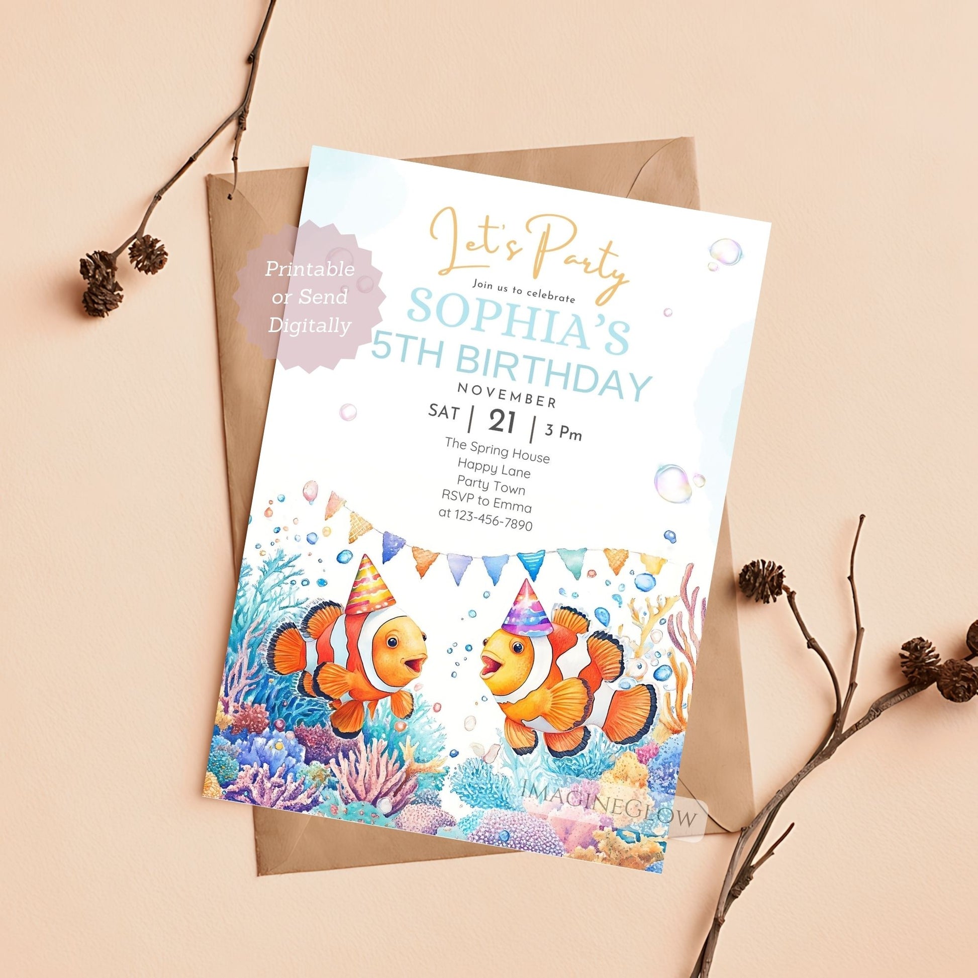 Editable clownfish birthday party invite
Printable clownfish under the sea birthday invitation