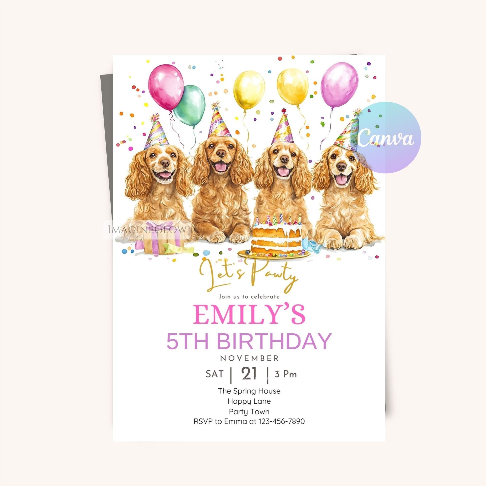 Four Cocker Spaniels birthday party invitation.