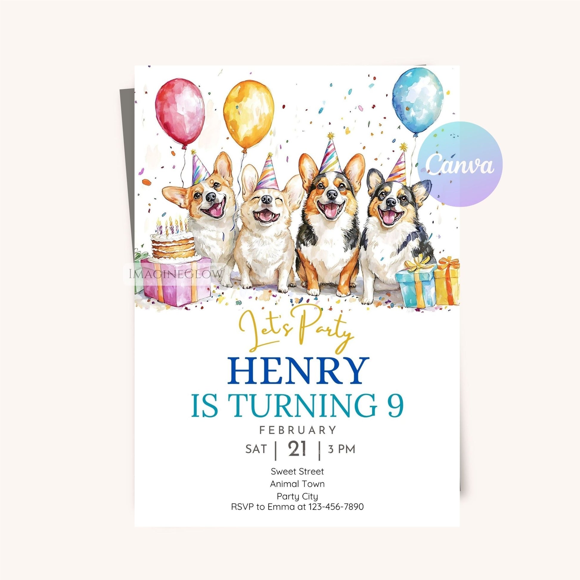 Editable Pembroke Welsh Corgi birthday invite.