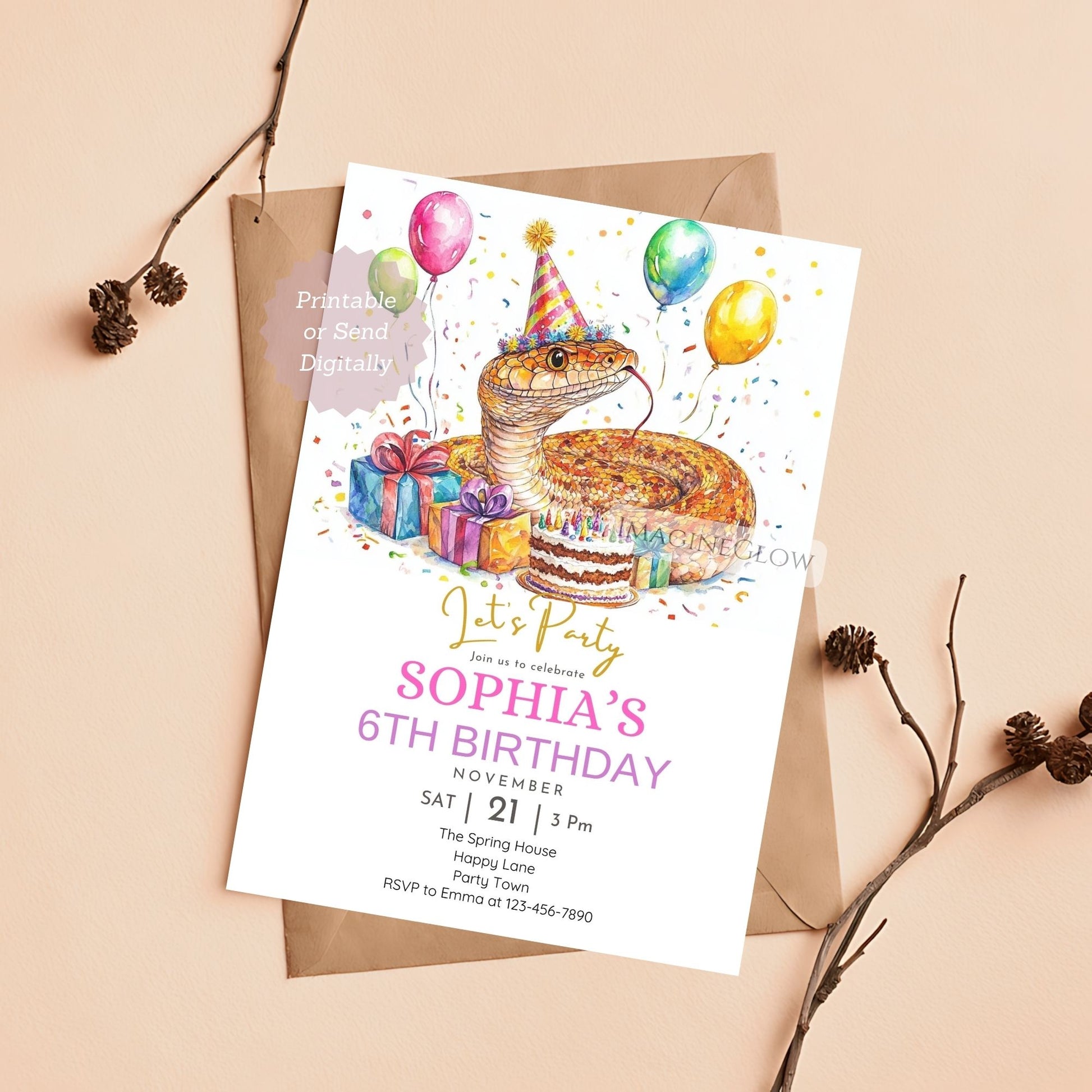 Corn snake birthday invitation editable in Canva