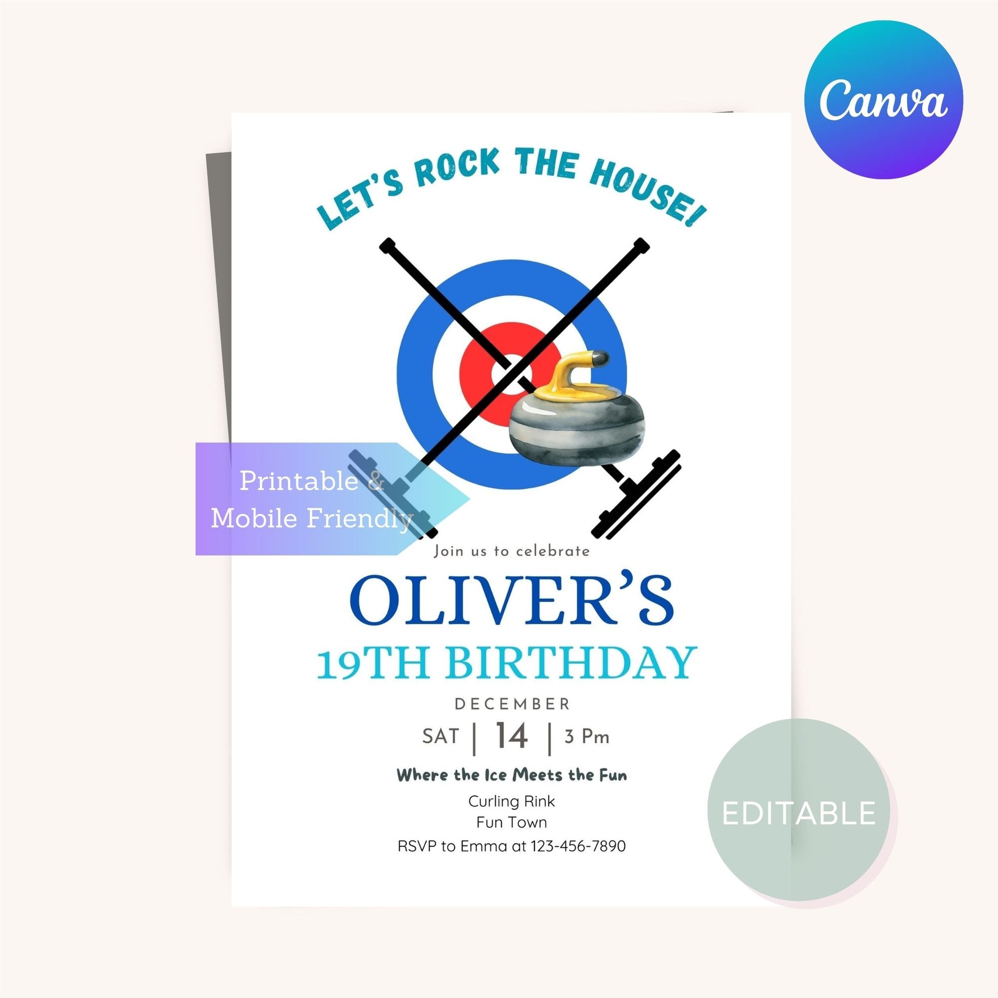 Customizable curling birthday invite for a winter sports party celebration.