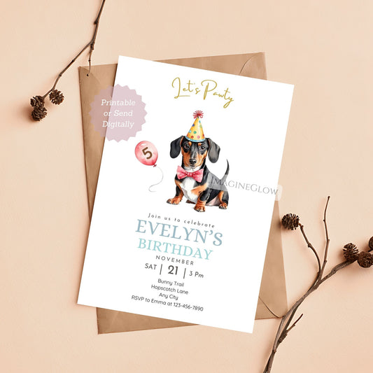 Dachshund birthday invitation editable in Canva