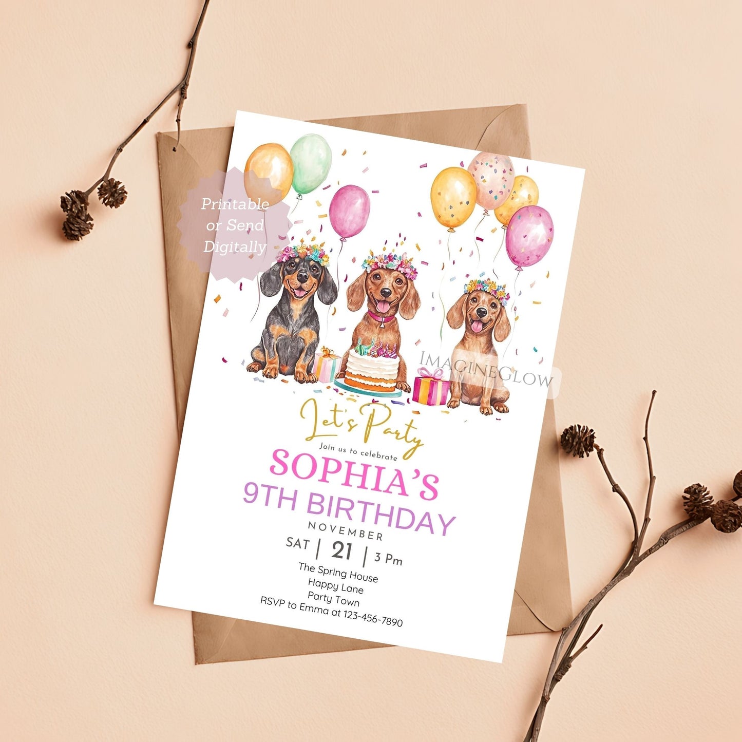 Dachshund birthday invitation floral editable in Canva