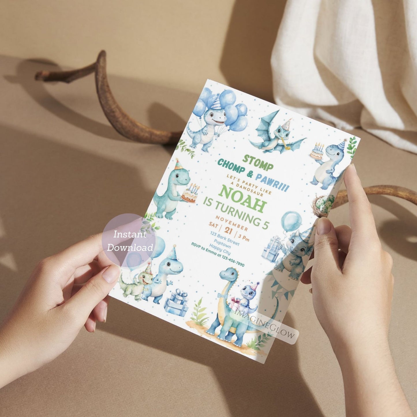 Dinosaur Birthday Invitation - Blue Theme Party Invitation