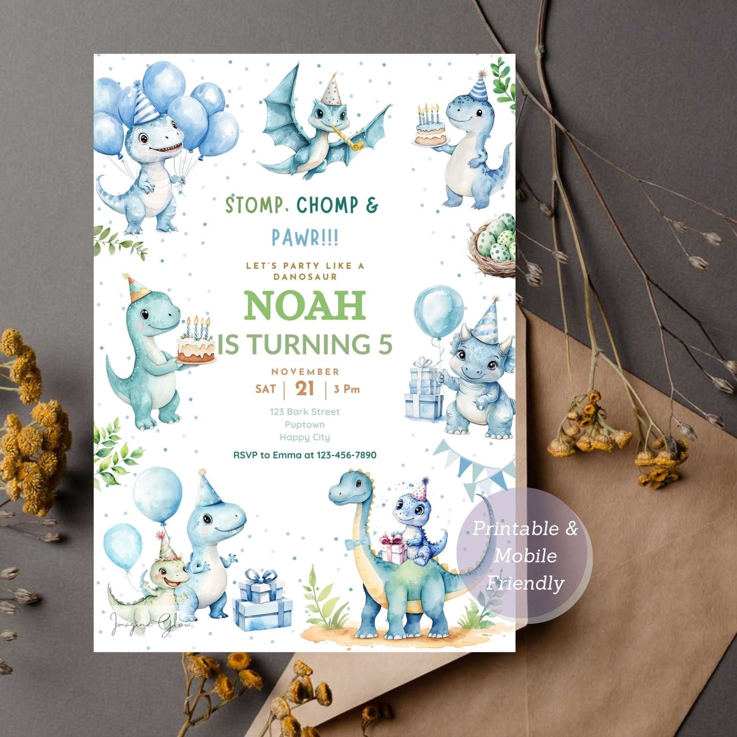 Kids dinosaur-themed birthday invitation editable.