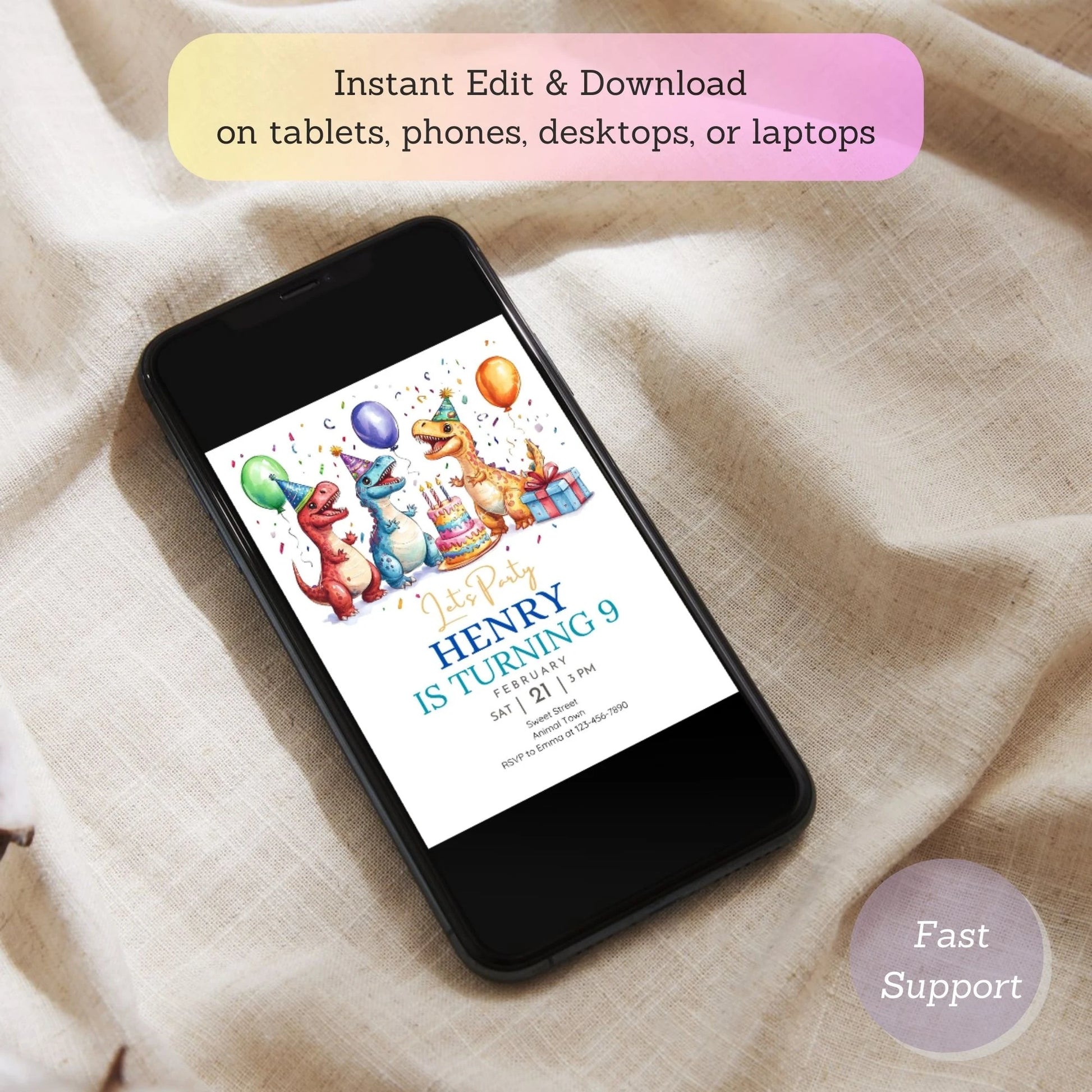 Printable dinosaur-themed party invite.
Kids dinosaur birthday invite with editable details.