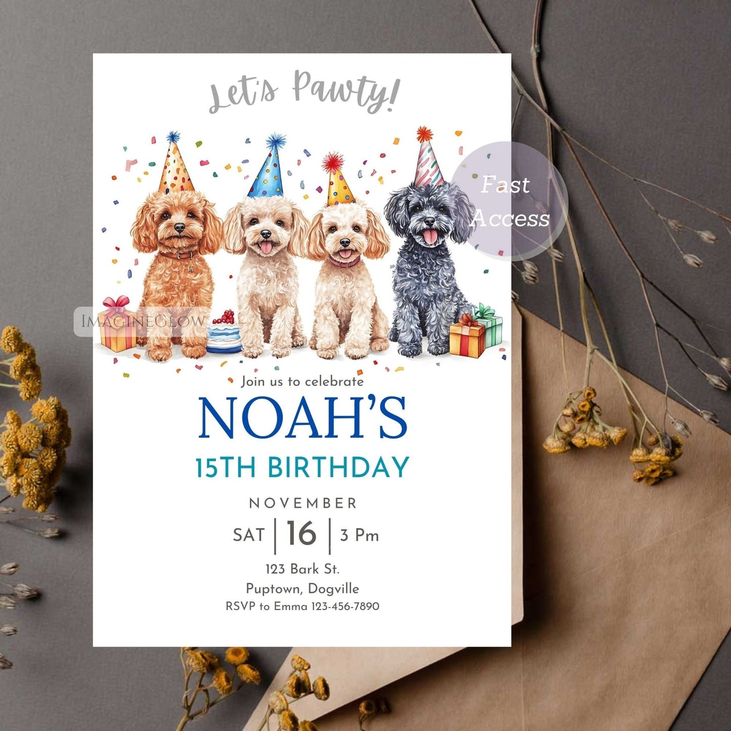 Cute dog pawty invitation for a pet celebration.