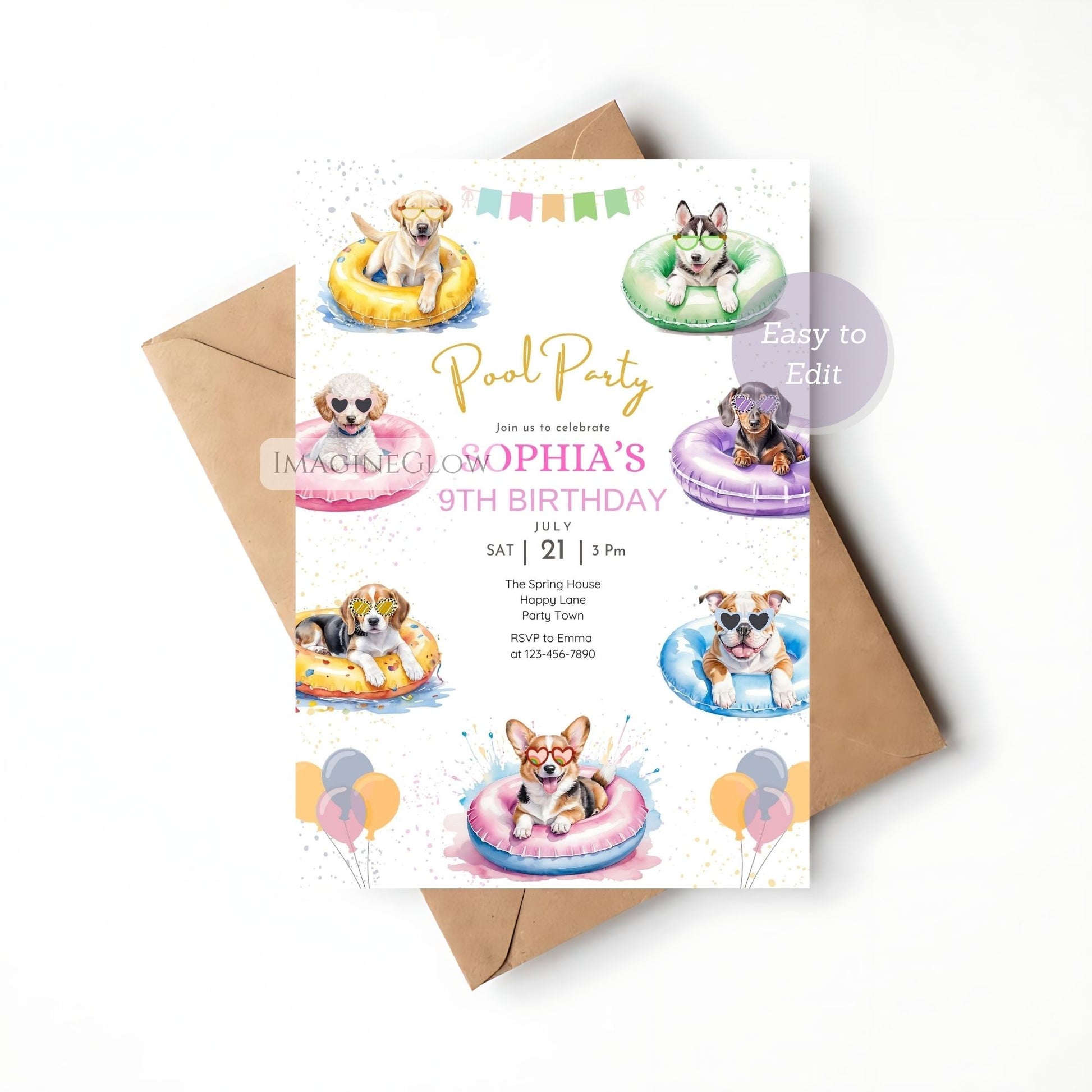 Birthday party invitation with dogs on pool floats and balloons.