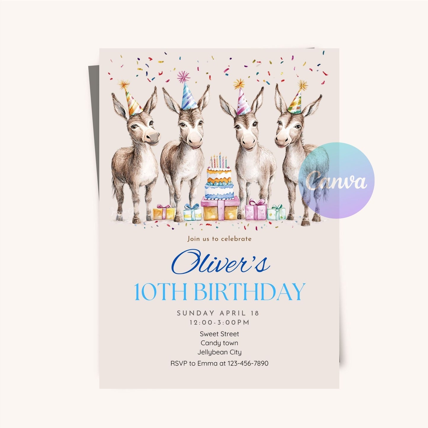 Adorable donkey farmyard-themed birthday invitation for kids.