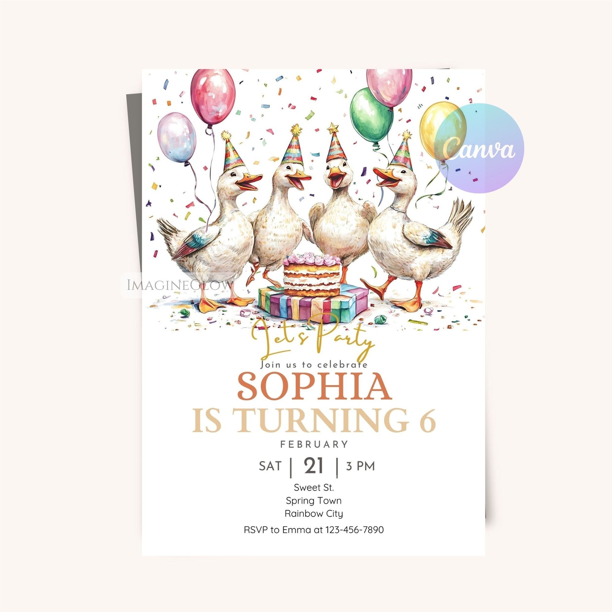 Editable Canva template birthday invitation with ducks