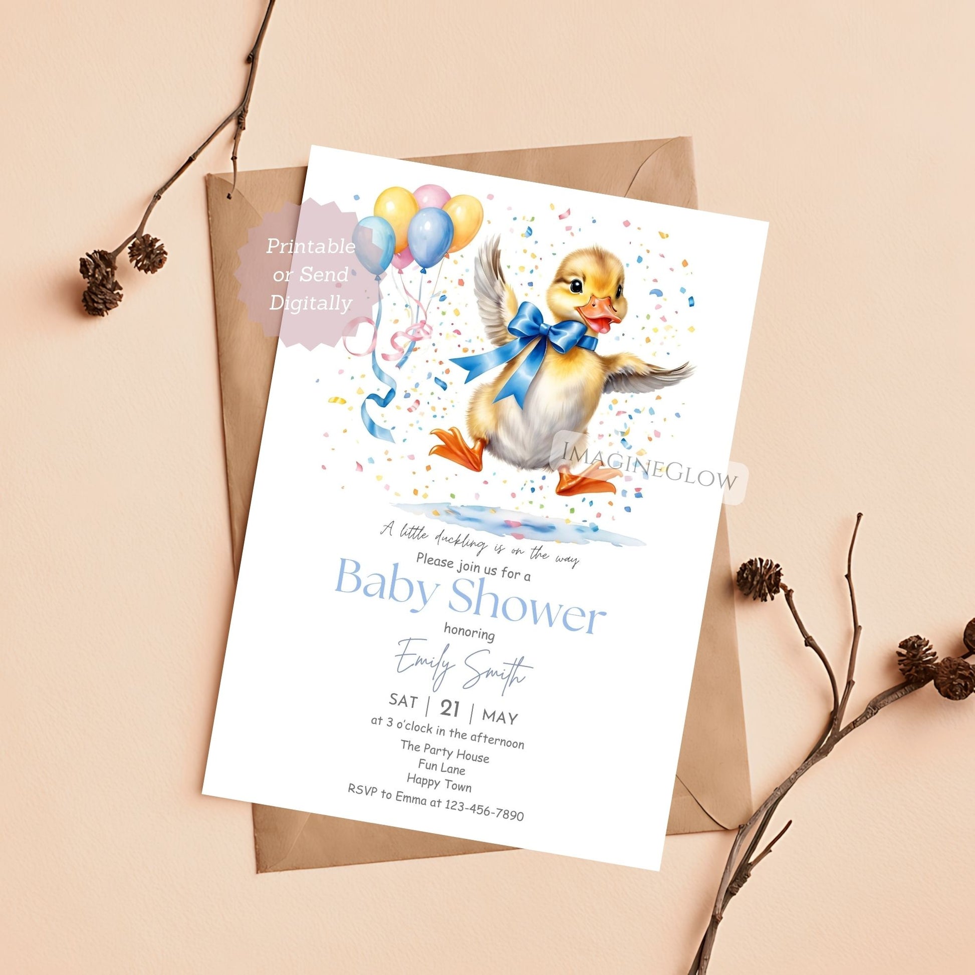 blue and yellow duckling shower invitation