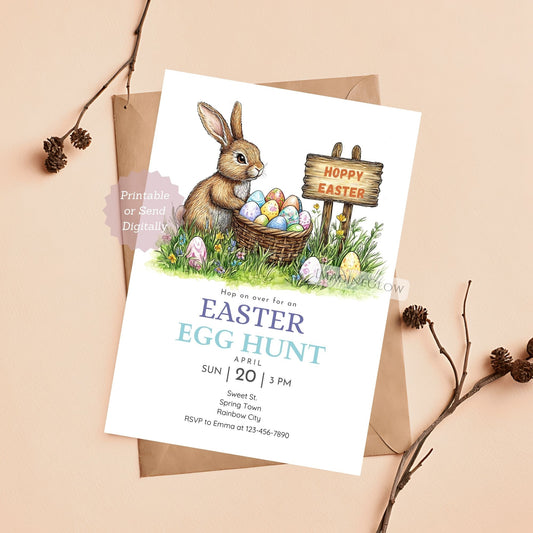 Easter Bunny with Egg Basket Invitation for Spring Party