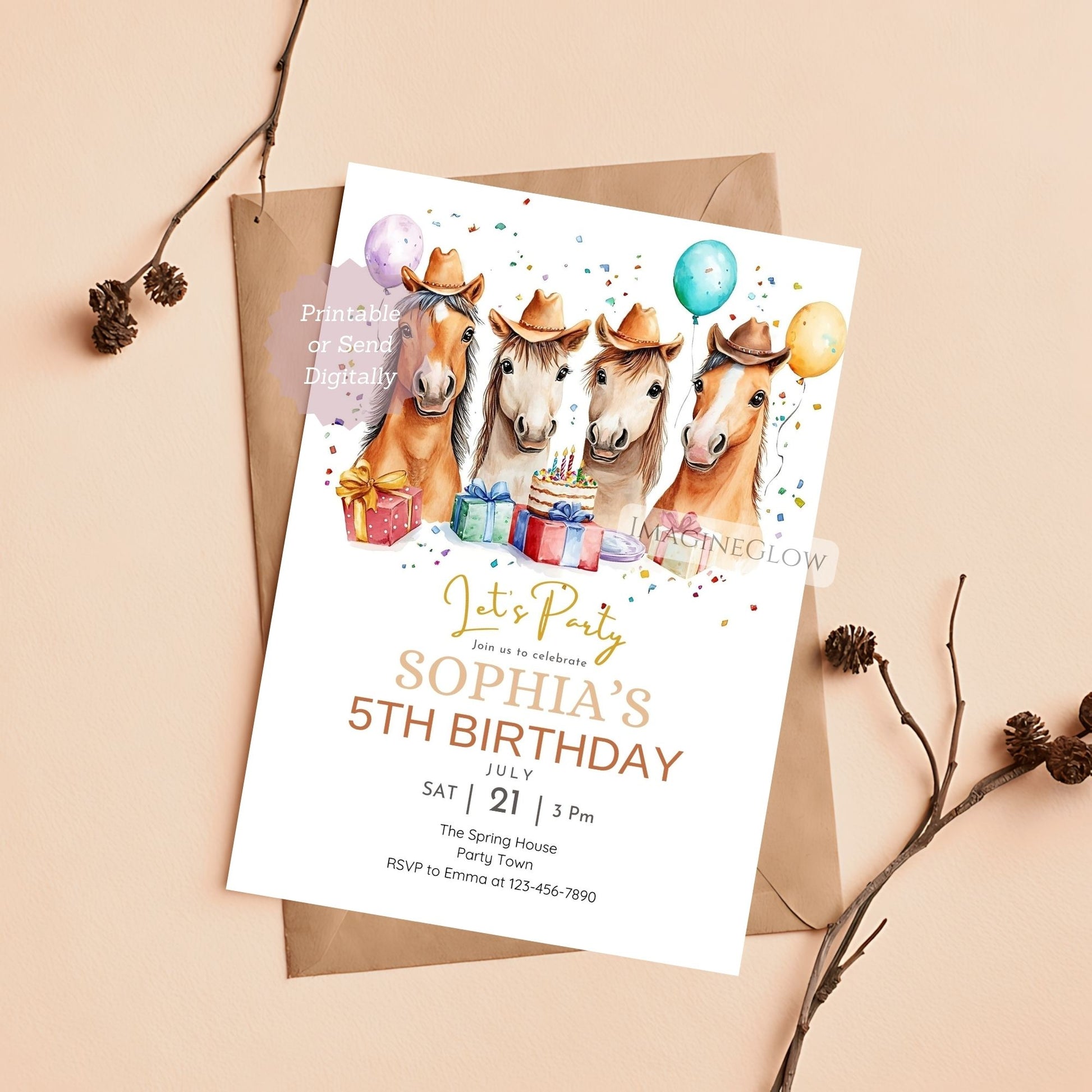 Birthday party invitation with horses and party elements on a white background