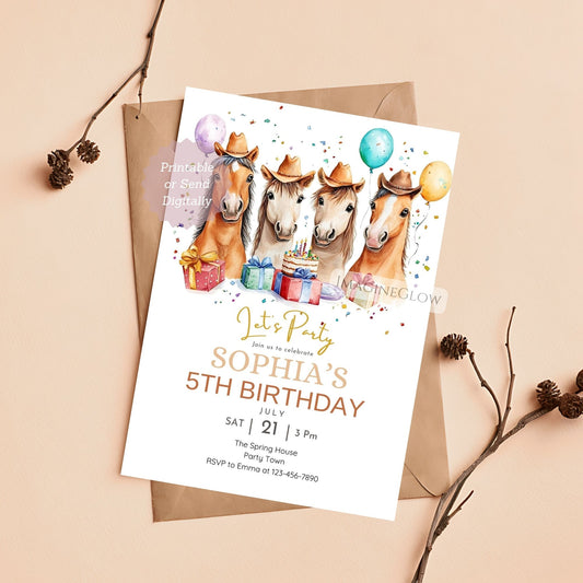 Birthday party invitation with horses and party elements on a white background