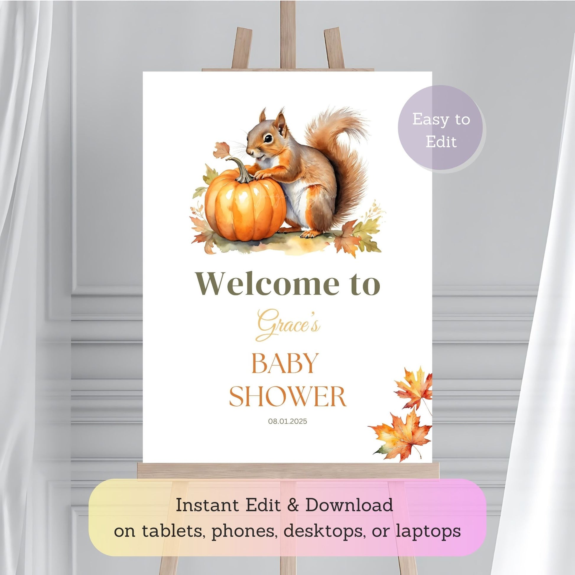 Personalized baby shower sign with squirrel and fall pumpkins.
Sweet and playful Little Pumpkin baby shower sign with squirrel design.