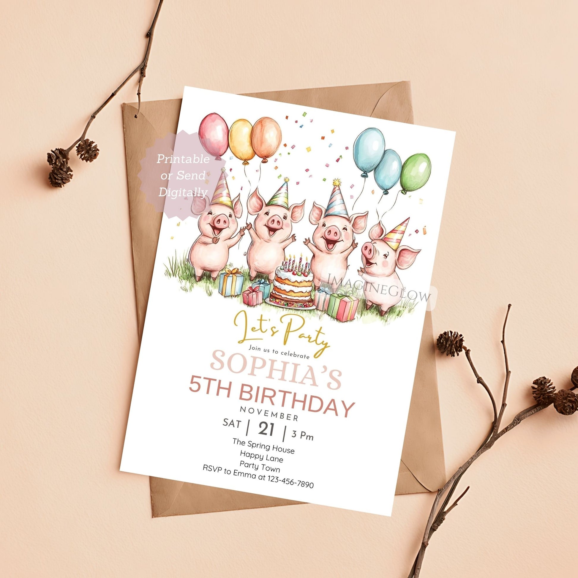 Customizable pig party invitation for children
