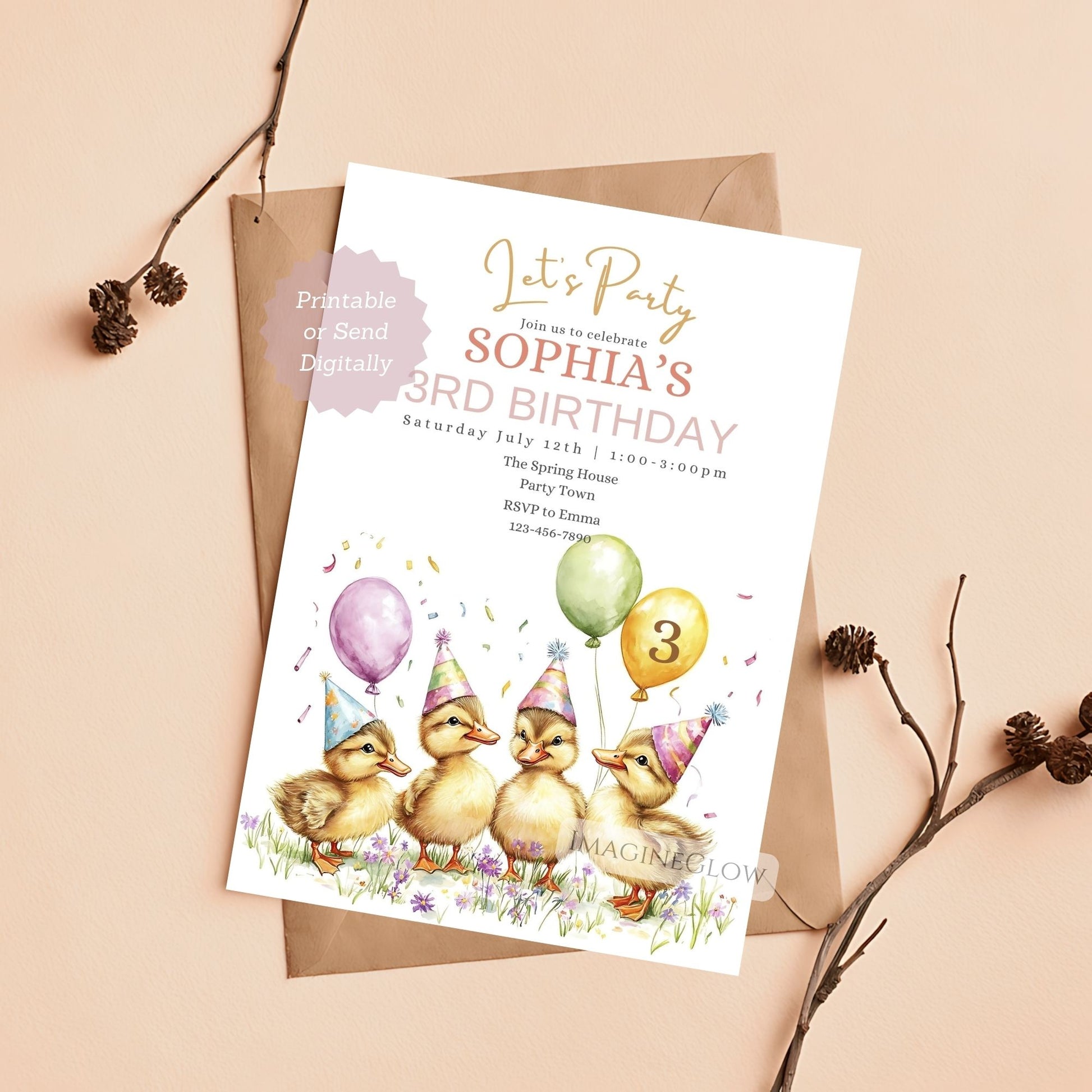 Editable floral duck birthday party invite
Printable floral duck birthday invitation