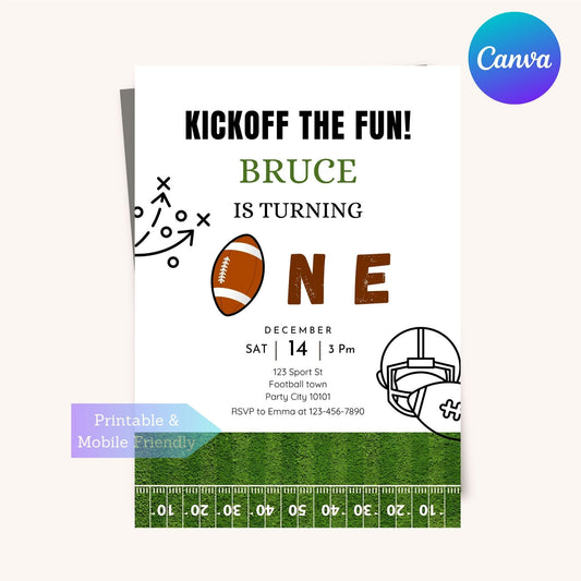 Editable football birthday party card for a first birthday celebration.