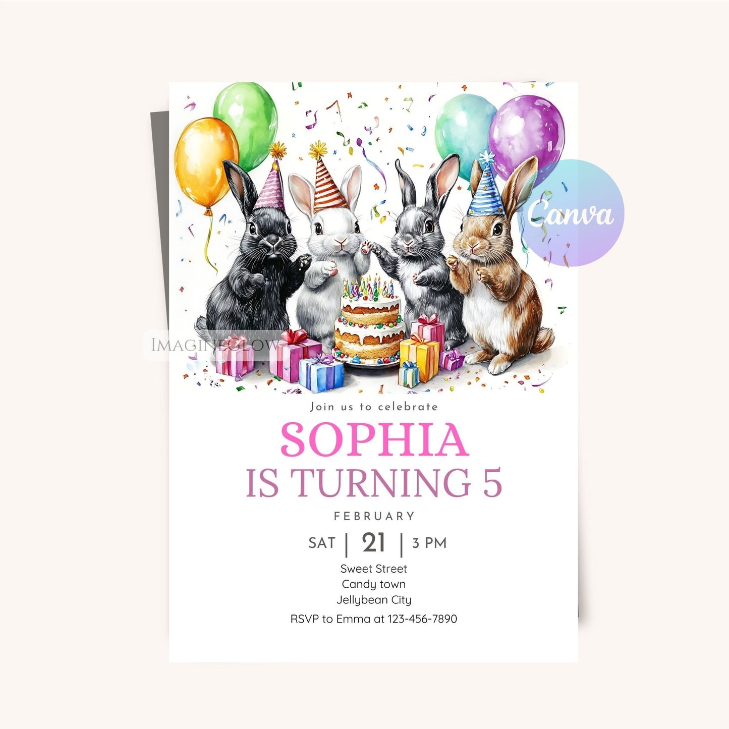 Cute spring bunny birthday party card
Editable four bunnies party invitation