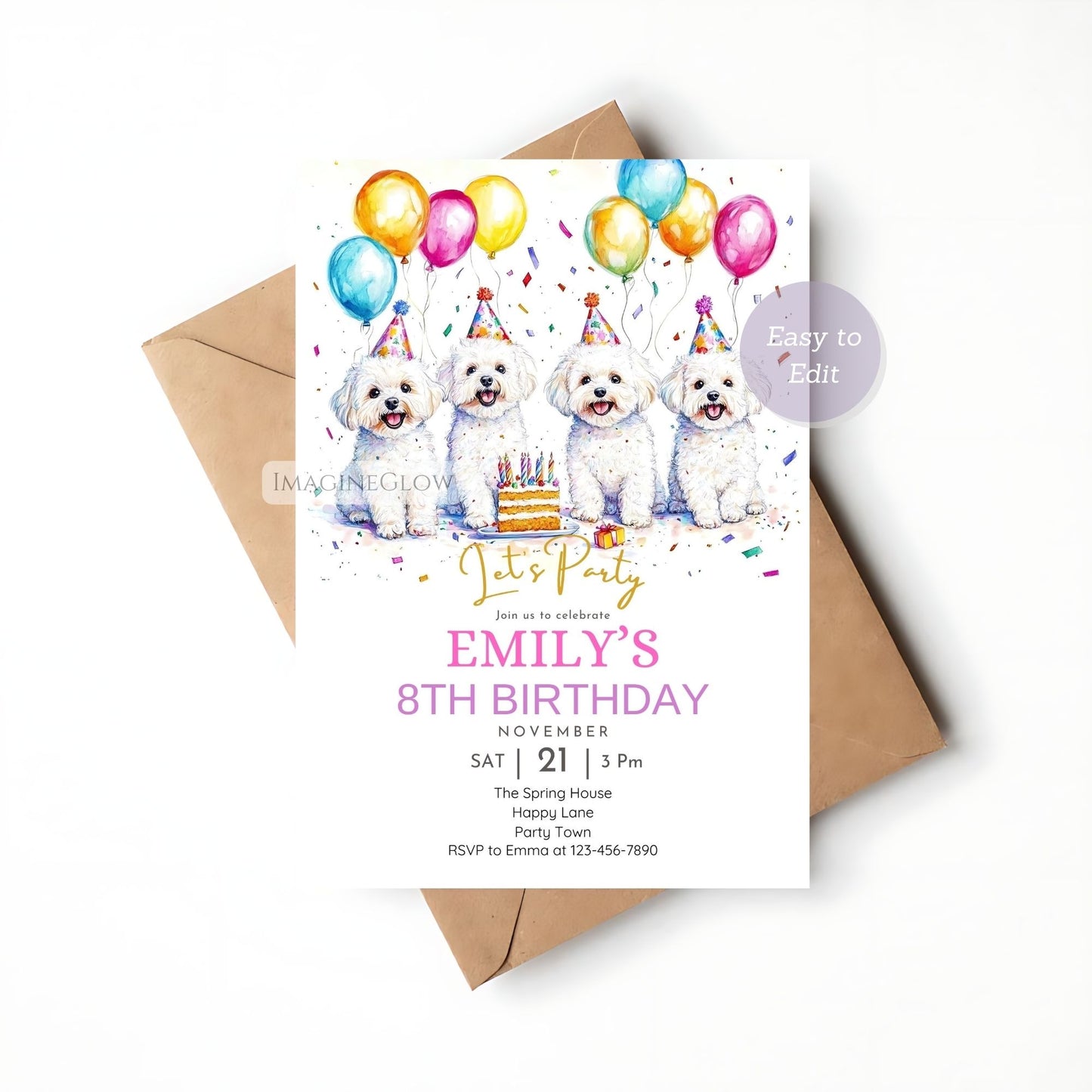 Four dogs-themed puppy party invitation for dog lovers.