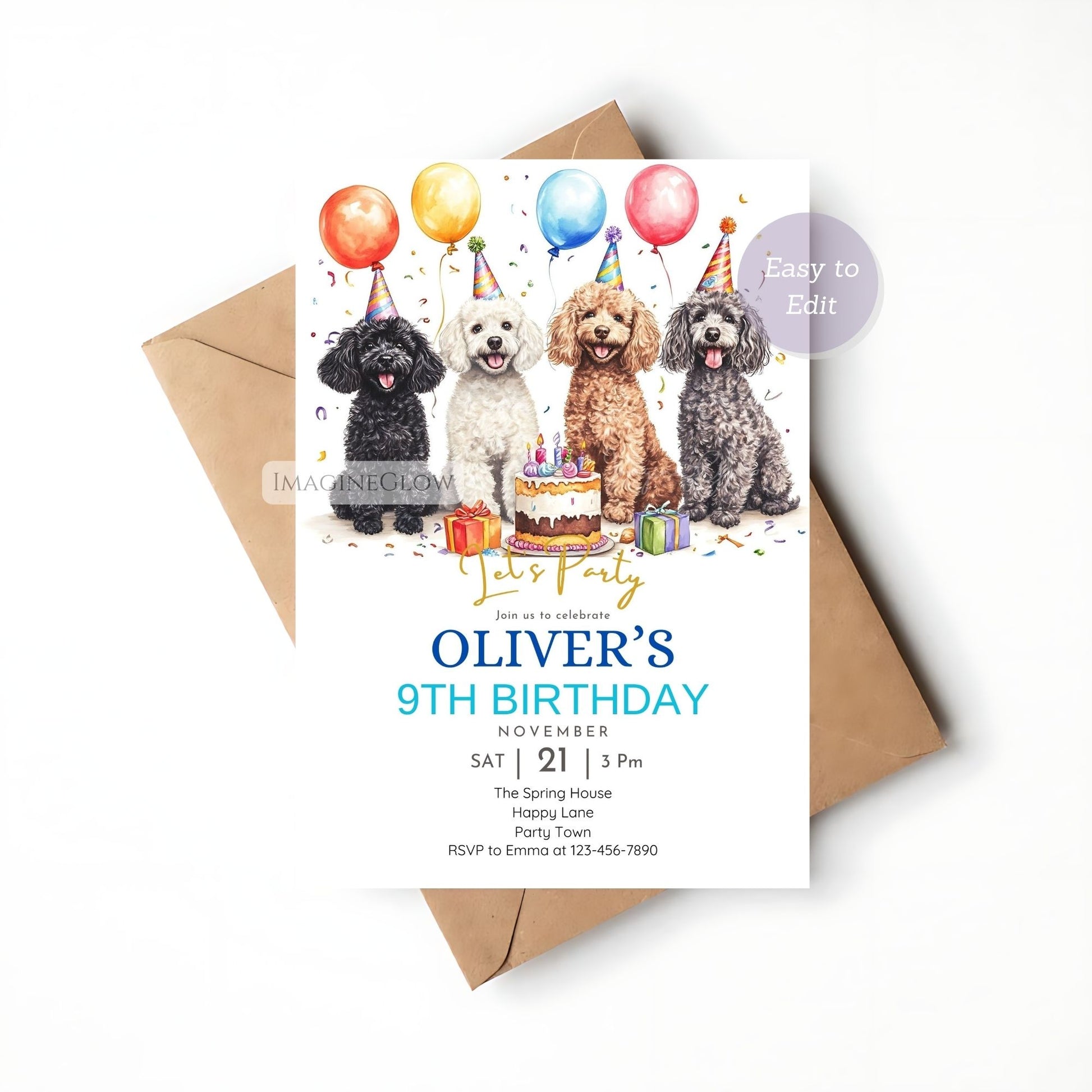 Printable Poodle dog birthday invitation template