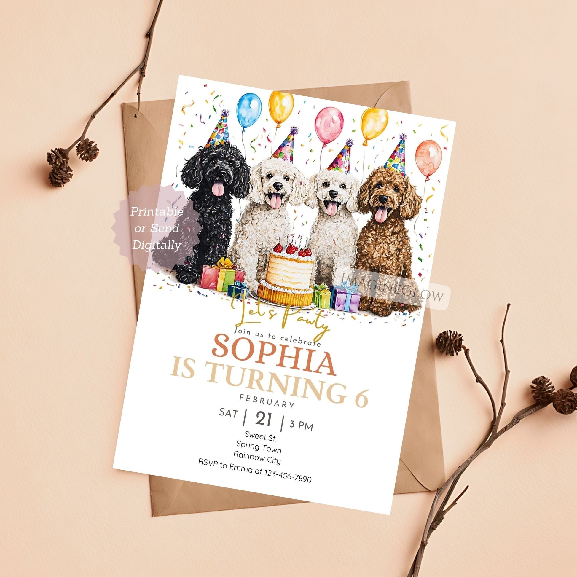 Editable four Poodle dog birthday invitation template