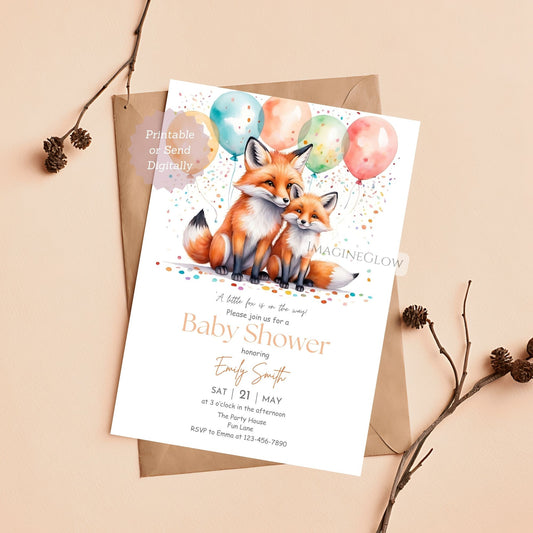 mom and baby fox baby shower invitation