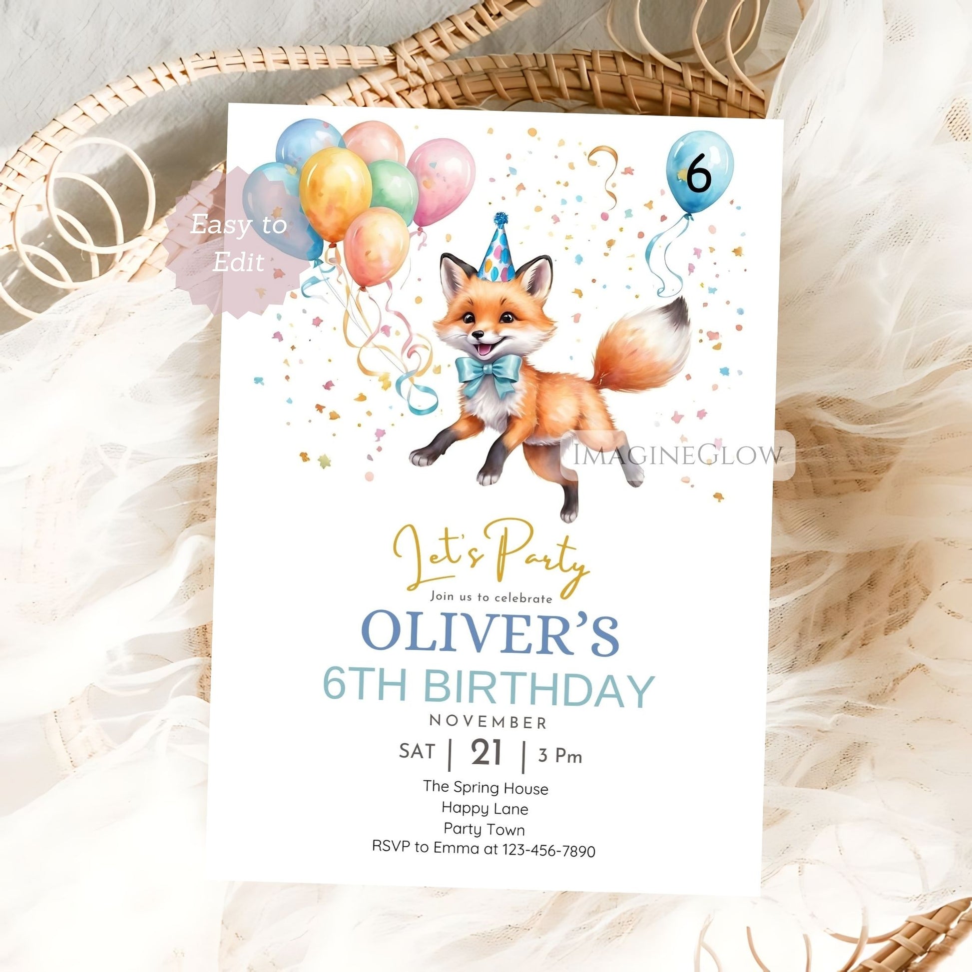 Digital fox birthday invitation template perfect for kids' woodland party