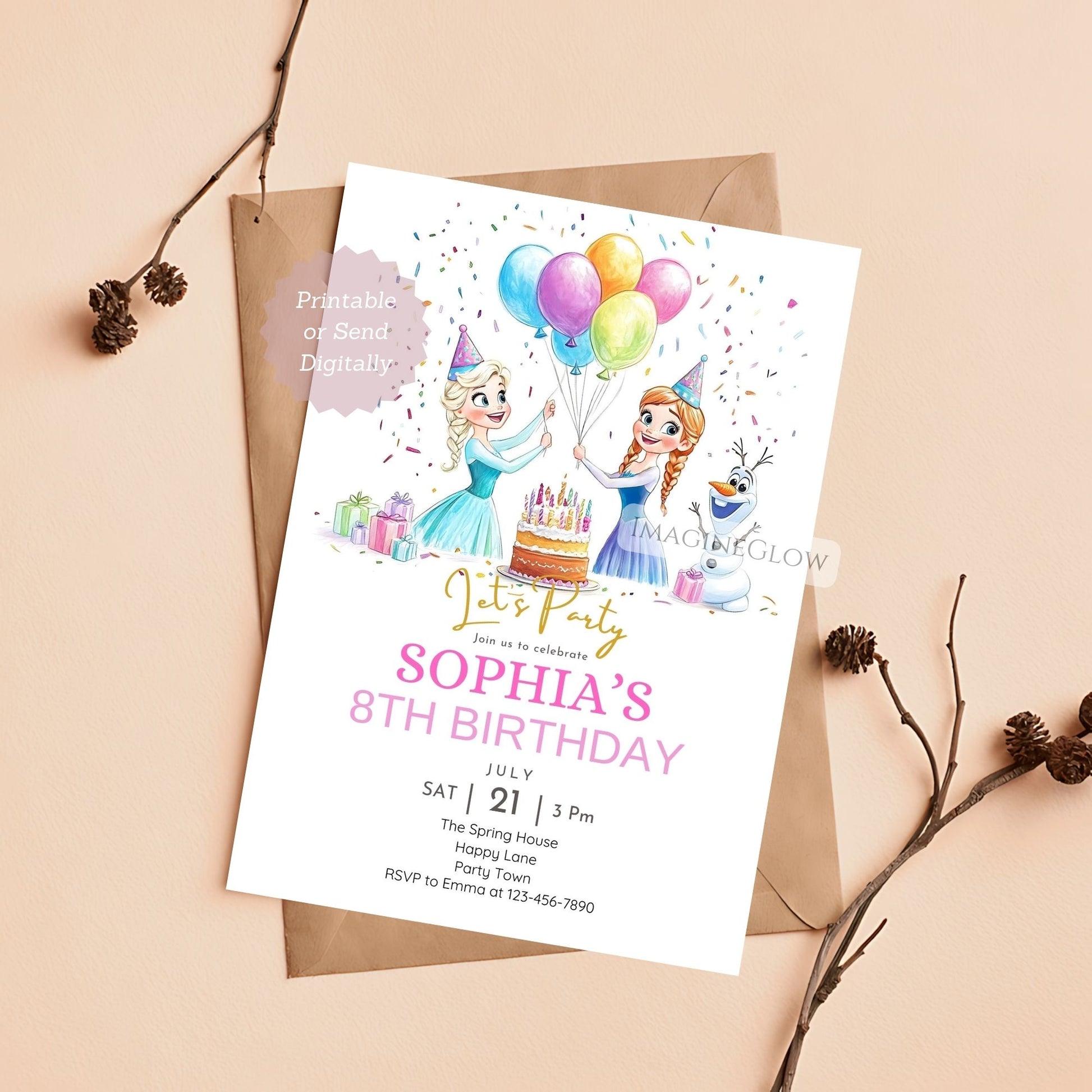 Elsa and Anna party invitation with Olaf and snowflakes