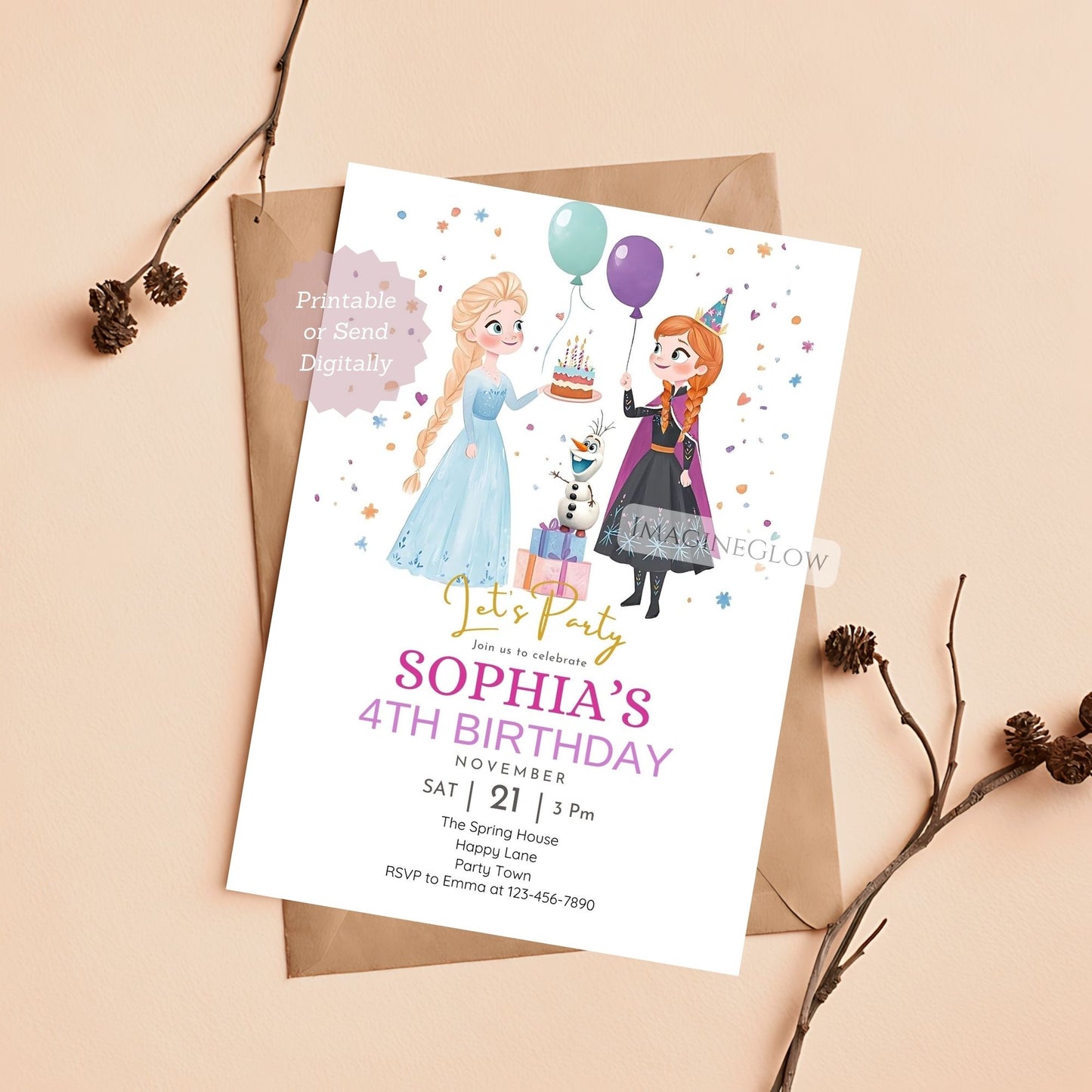 Frozen birthday invitation with Elsa Anna and Olaf