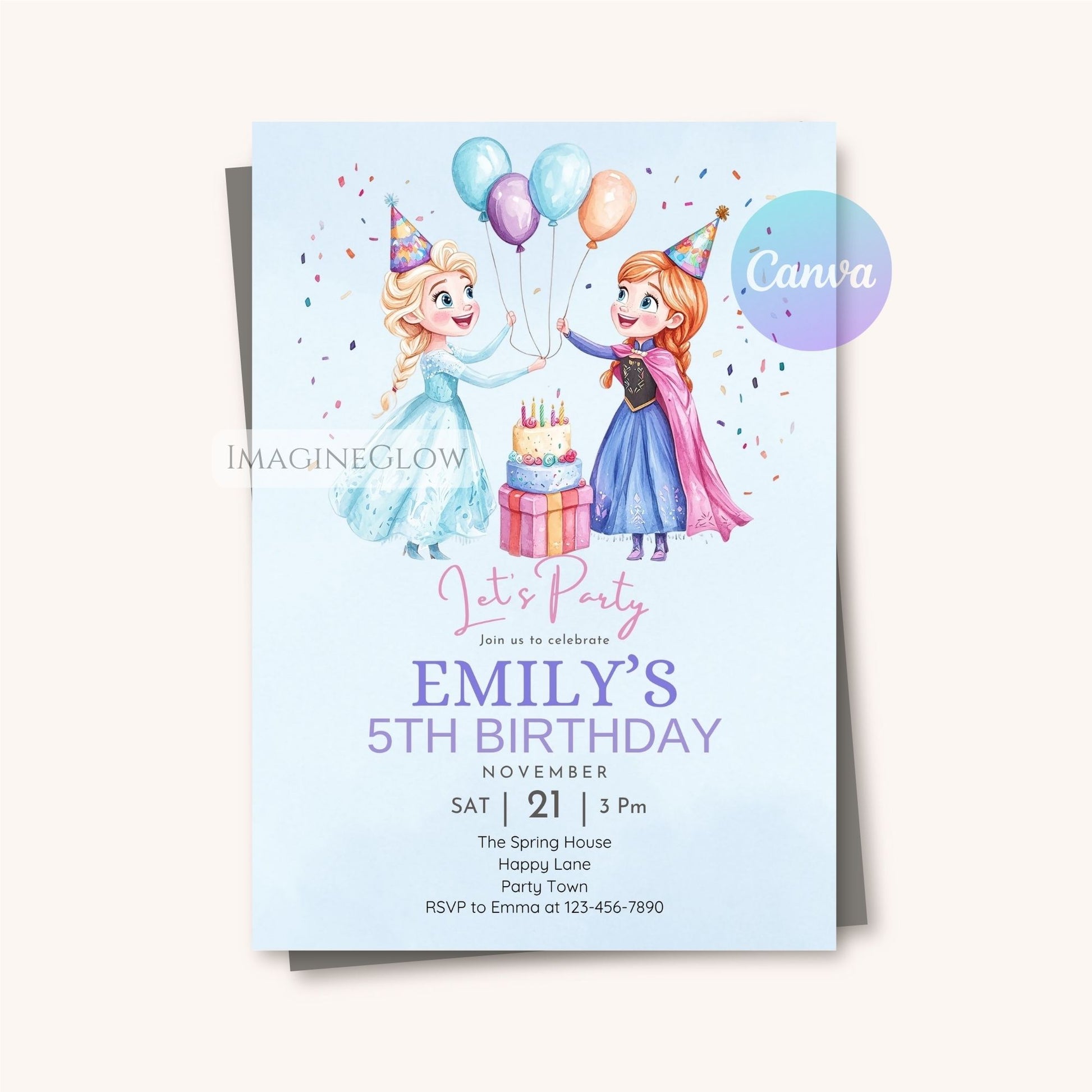 Birthday party invitation with two animated characters holding balloons and a cake, featuring the text 'Let's Party' and 'Emily's 5th Birthday'.