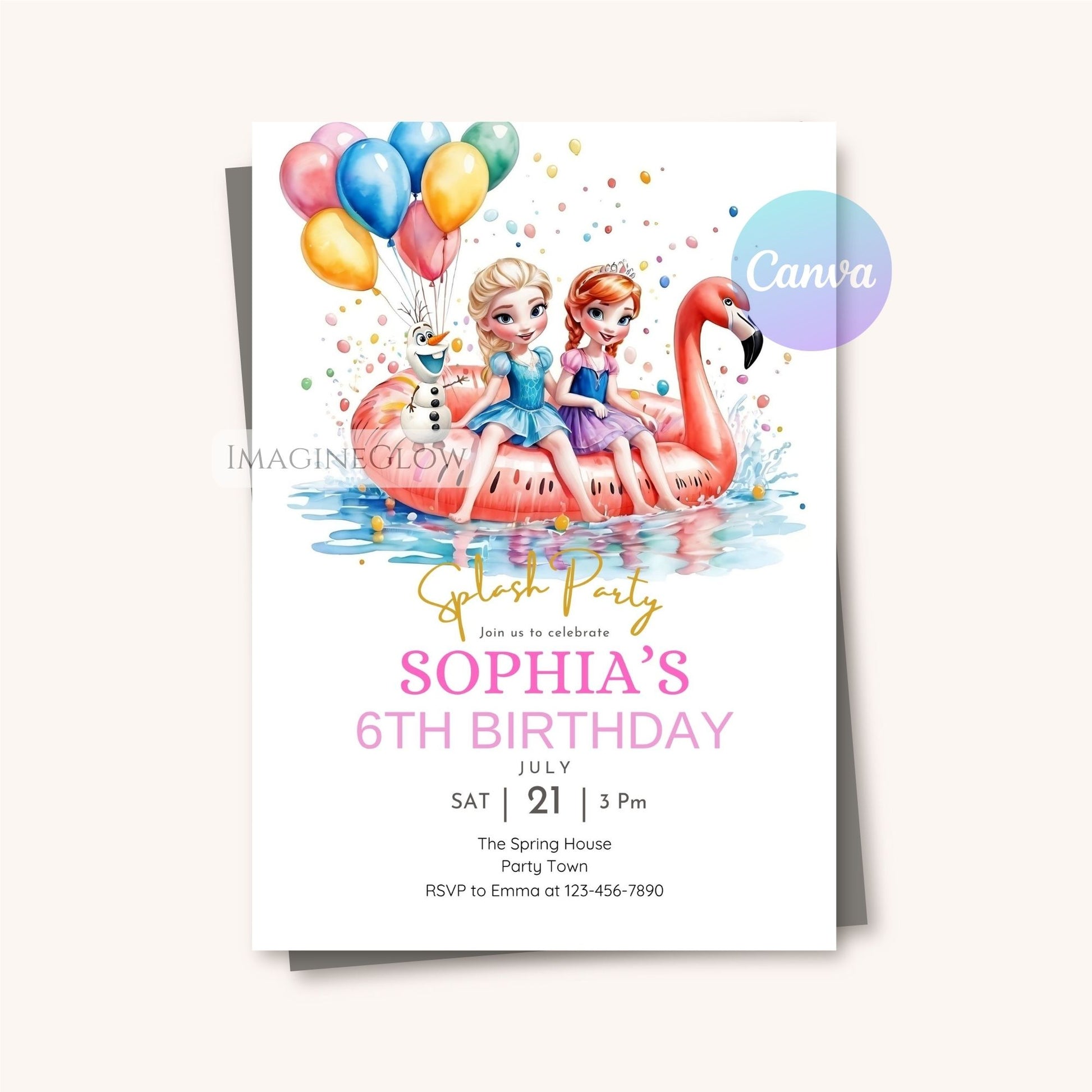 Birthday party invitation with two girls on a pink flamingo, balloons