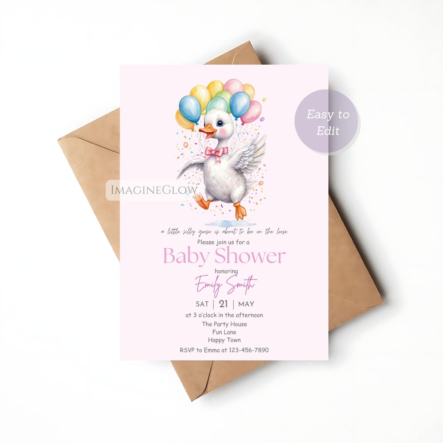 digital goose baby shower invite girl pink