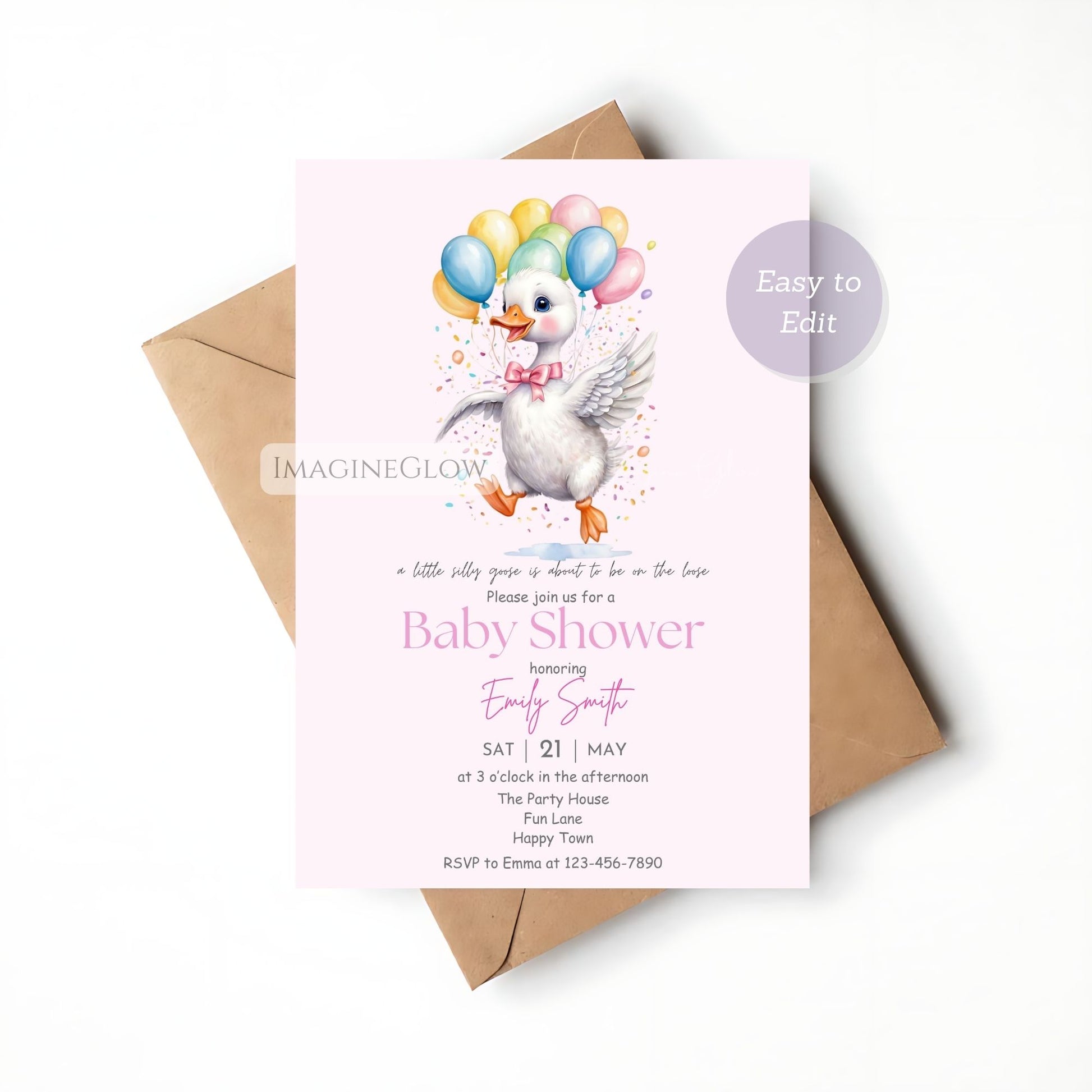 digital goose baby shower invite girl pink