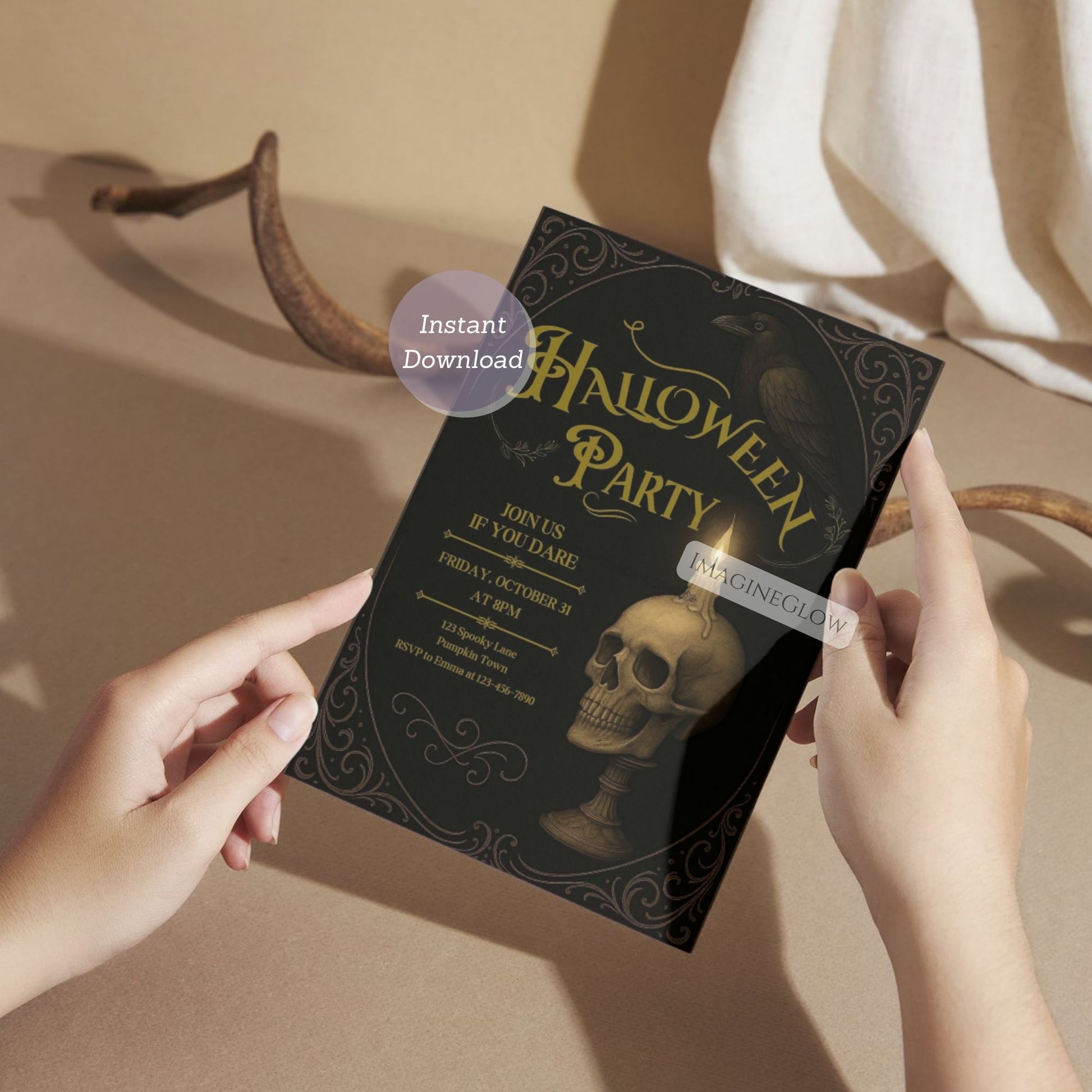 Halloween party invitation card held by hands with a skull and candle design.