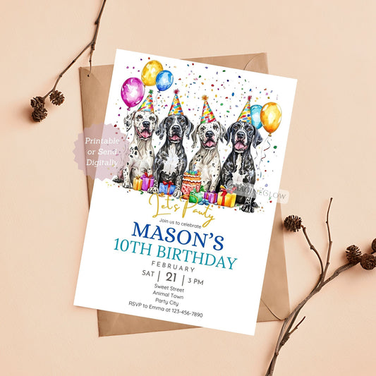 Great Dane birthday invitation with festive decor.