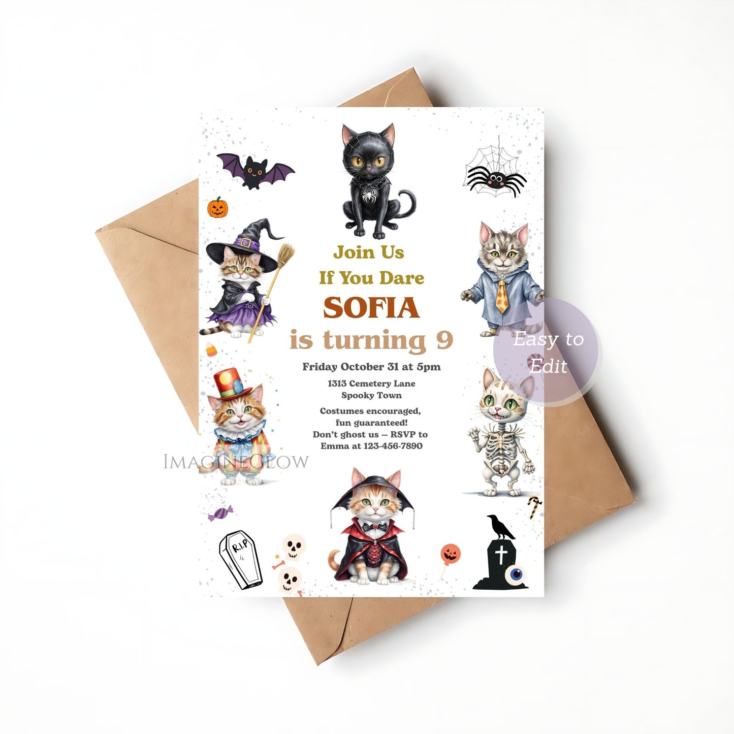 editable cat costume birthday invitation