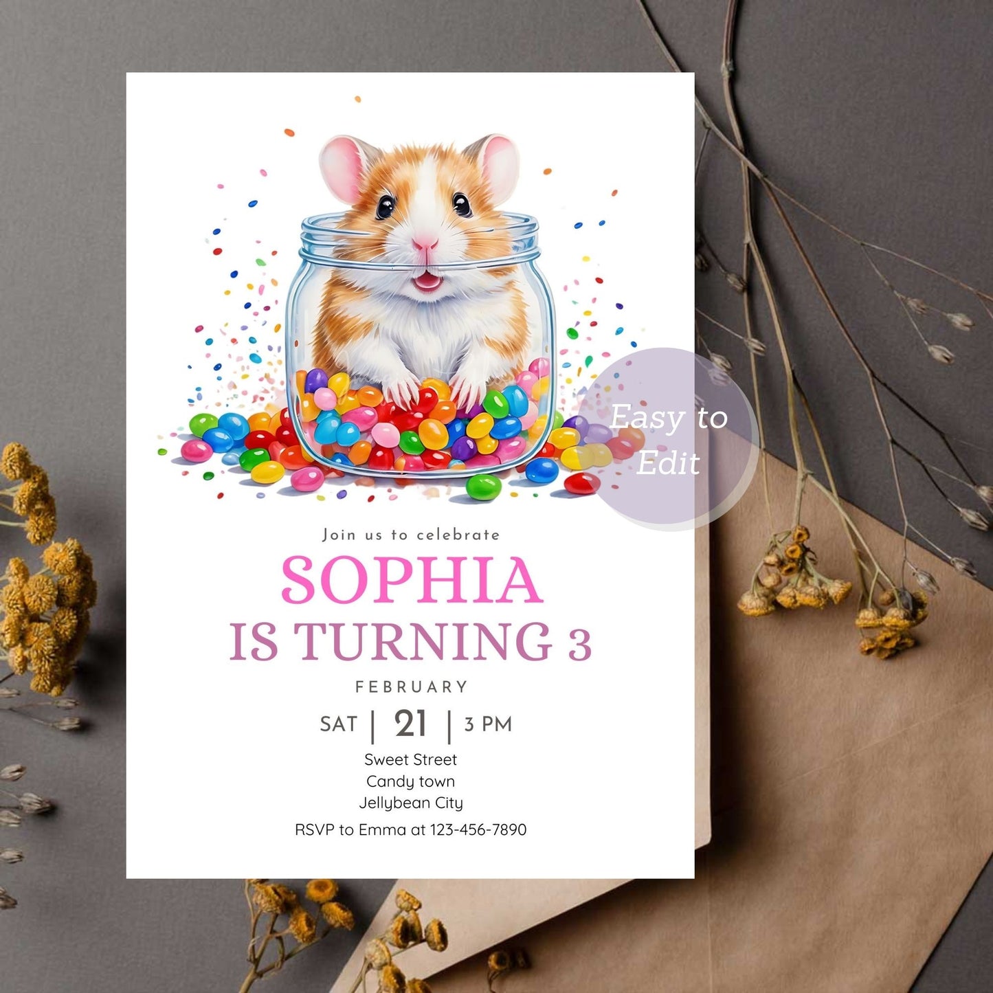 Editable jellybean-themed birthday invitation for kids.