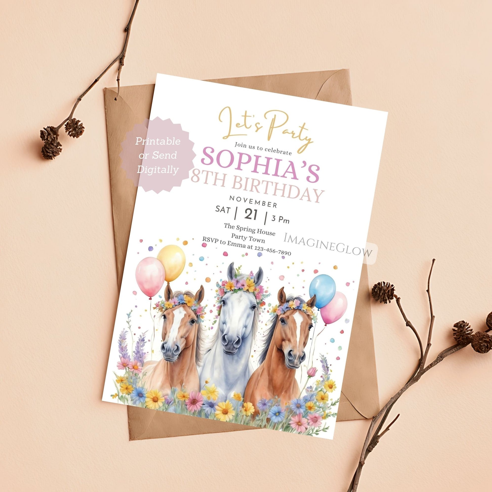horse lover’s floral birthday invitation