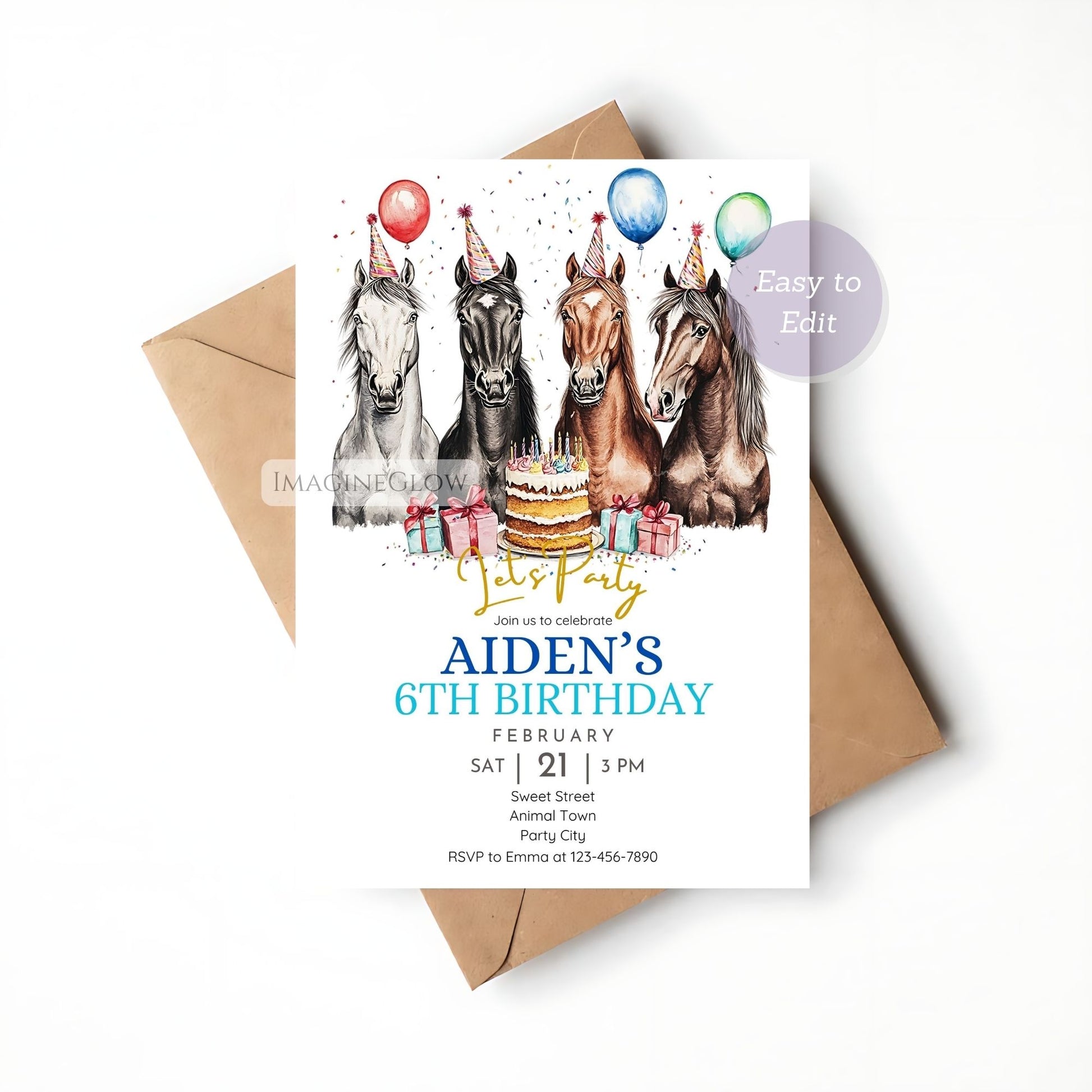 Horse birthday invitation for boys with balloons & cake